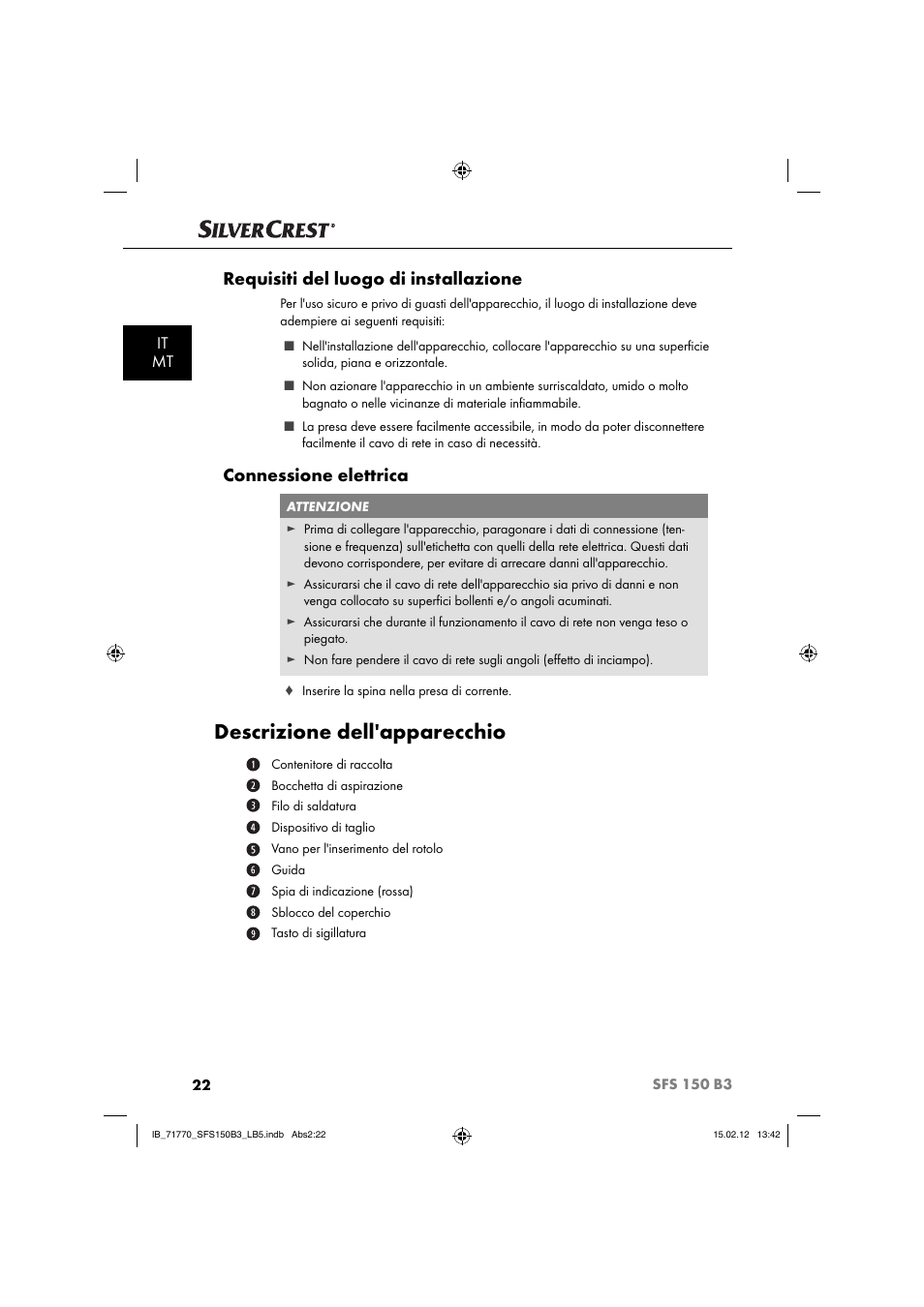 Descrizione dell'apparecchio, Requisiti del luogo di installazione, Connessione elettrica | It mt | Silvercrest SFS 150 B3 User Manual | Page 24 / 72