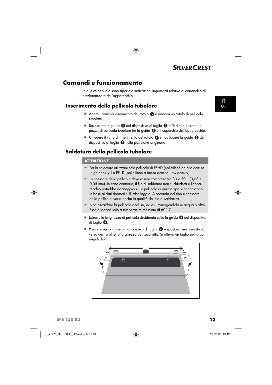 Comandi e funzionamento, Inserimento della pellicola tubolare, Saldatura della pellicola tubolare | It mt | Silvercrest SFS 150 B3 User Manual | Page 25 / 72