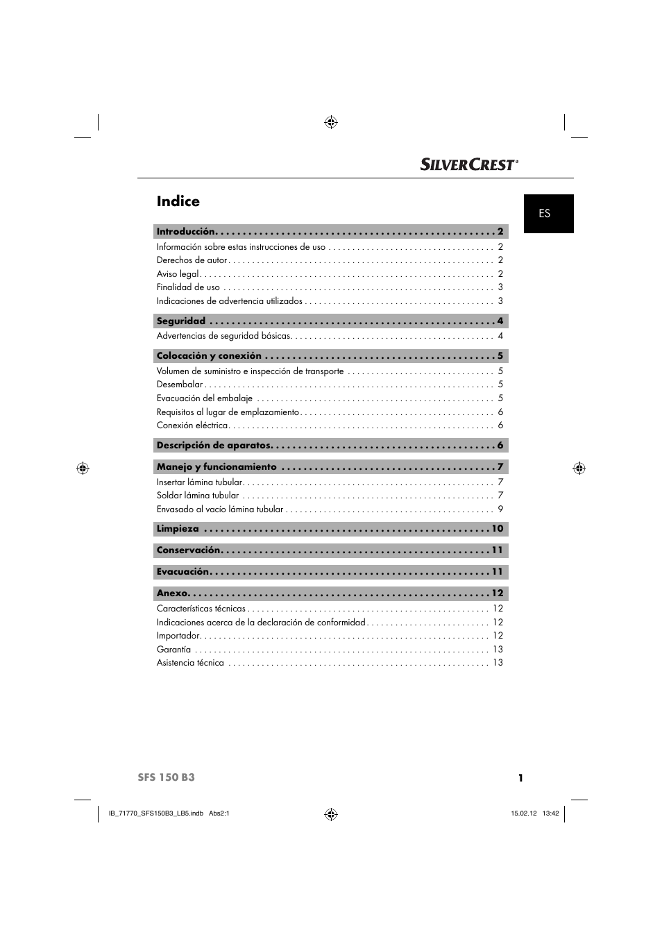 Indice | Silvercrest SFS 150 B3 User Manual | Page 3 / 72