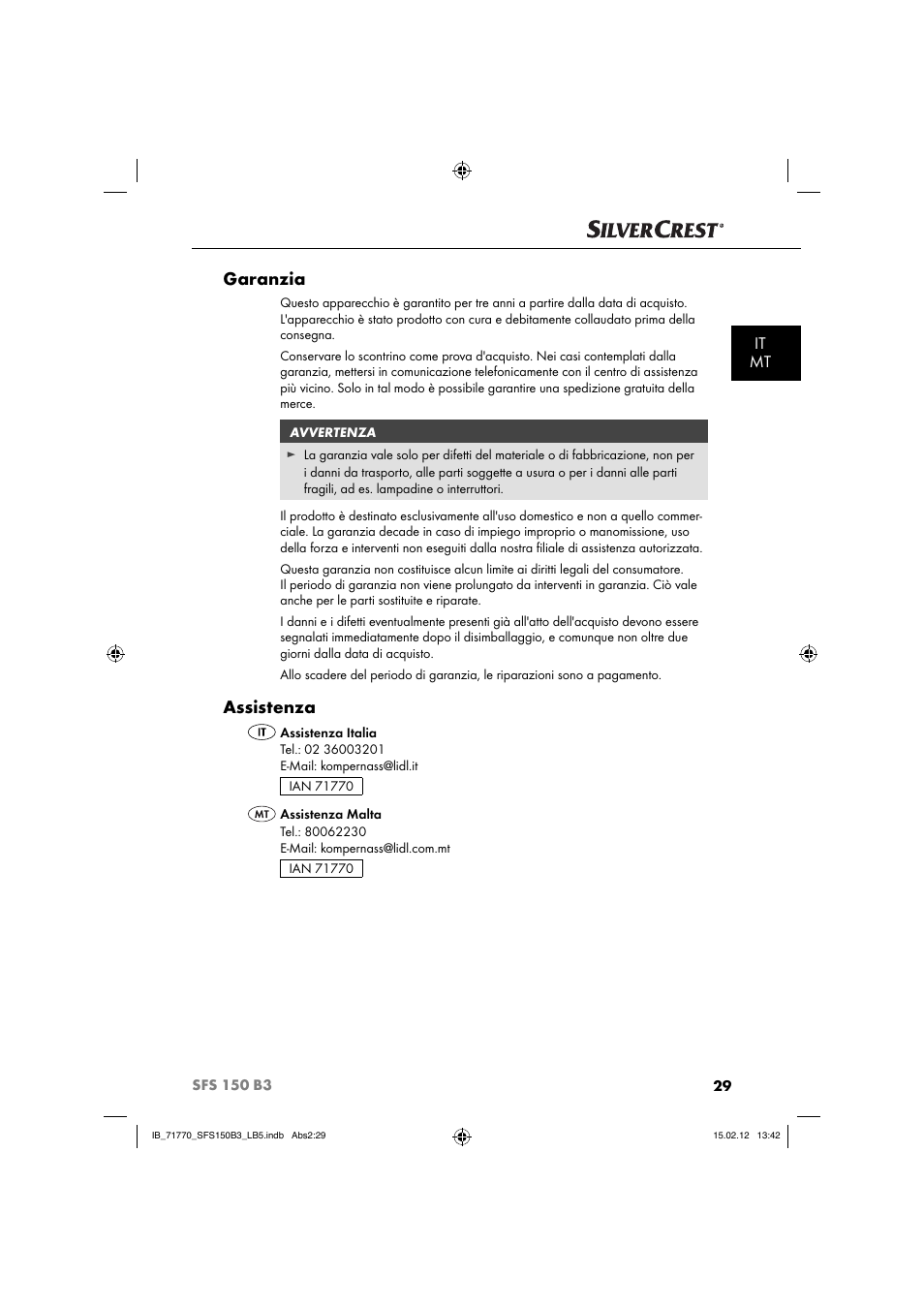 Garanzia, Assistenza, It mt | Silvercrest SFS 150 B3 User Manual | Page 31 / 72