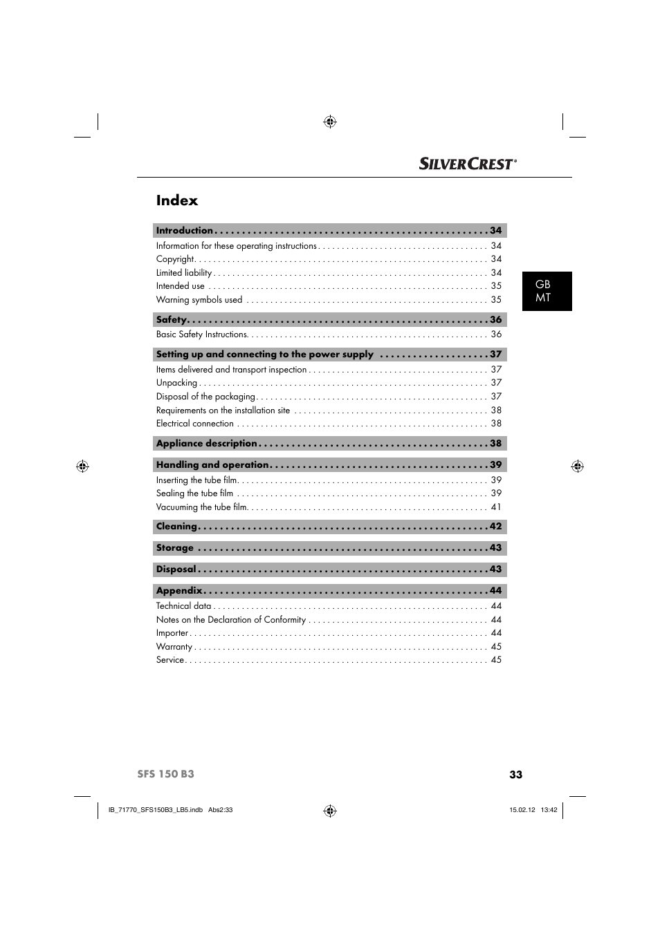 Index, Gb mt | Silvercrest SFS 150 B3 User Manual | Page 35 / 72