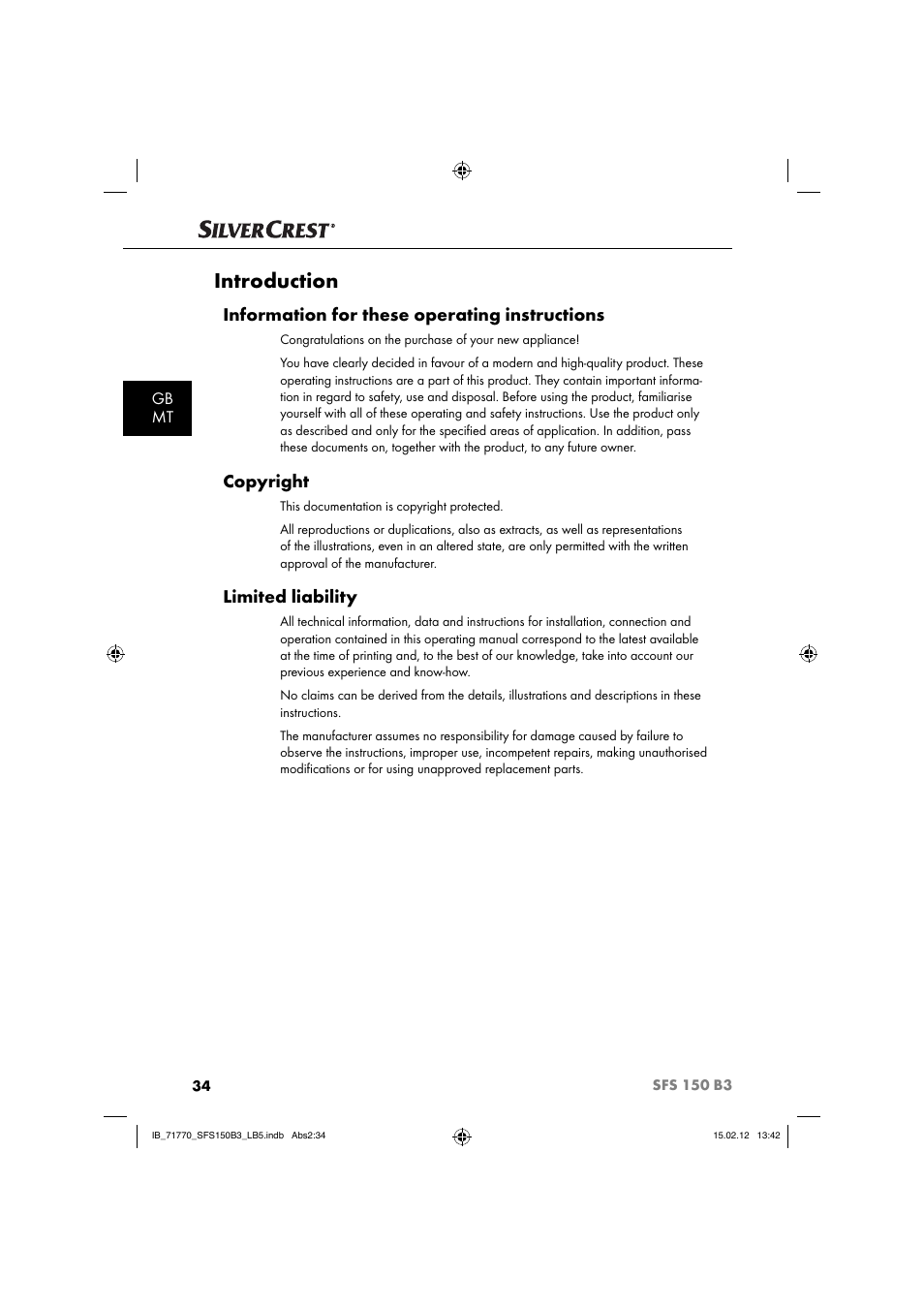 Introduction, Information for these operating instructions, Copyright | Limited liability | Silvercrest SFS 150 B3 User Manual | Page 36 / 72