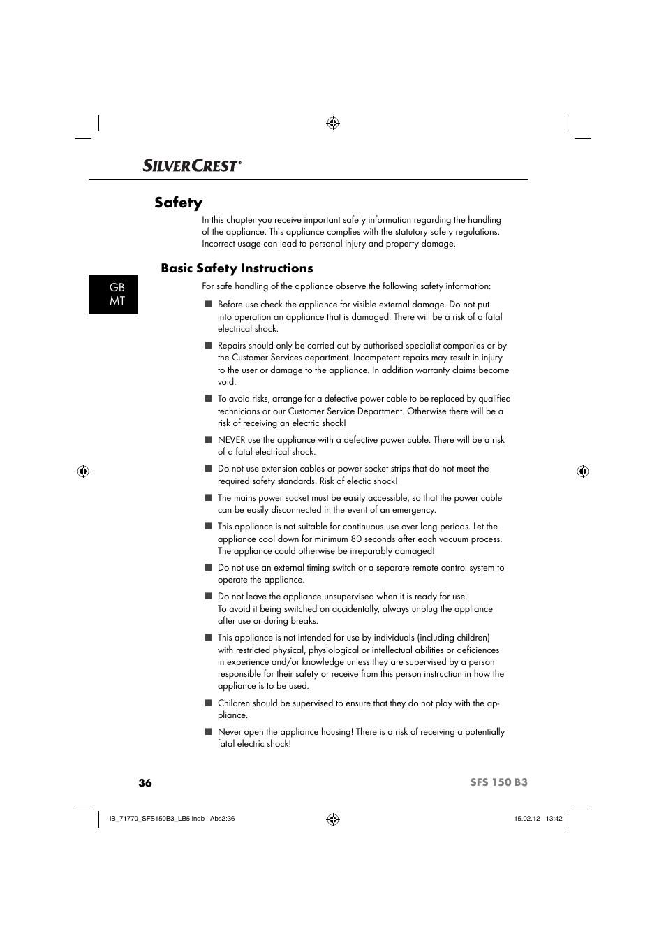 Safety, Basic safety instructions, Gb mt | Silvercrest SFS 150 B3 User Manual | Page 38 / 72