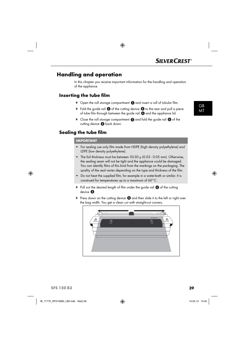 Handling and operation, Inserting the tube ﬁ lm, Sealing the tube ﬁ lm | Gb mt | Silvercrest SFS 150 B3 User Manual | Page 41 / 72