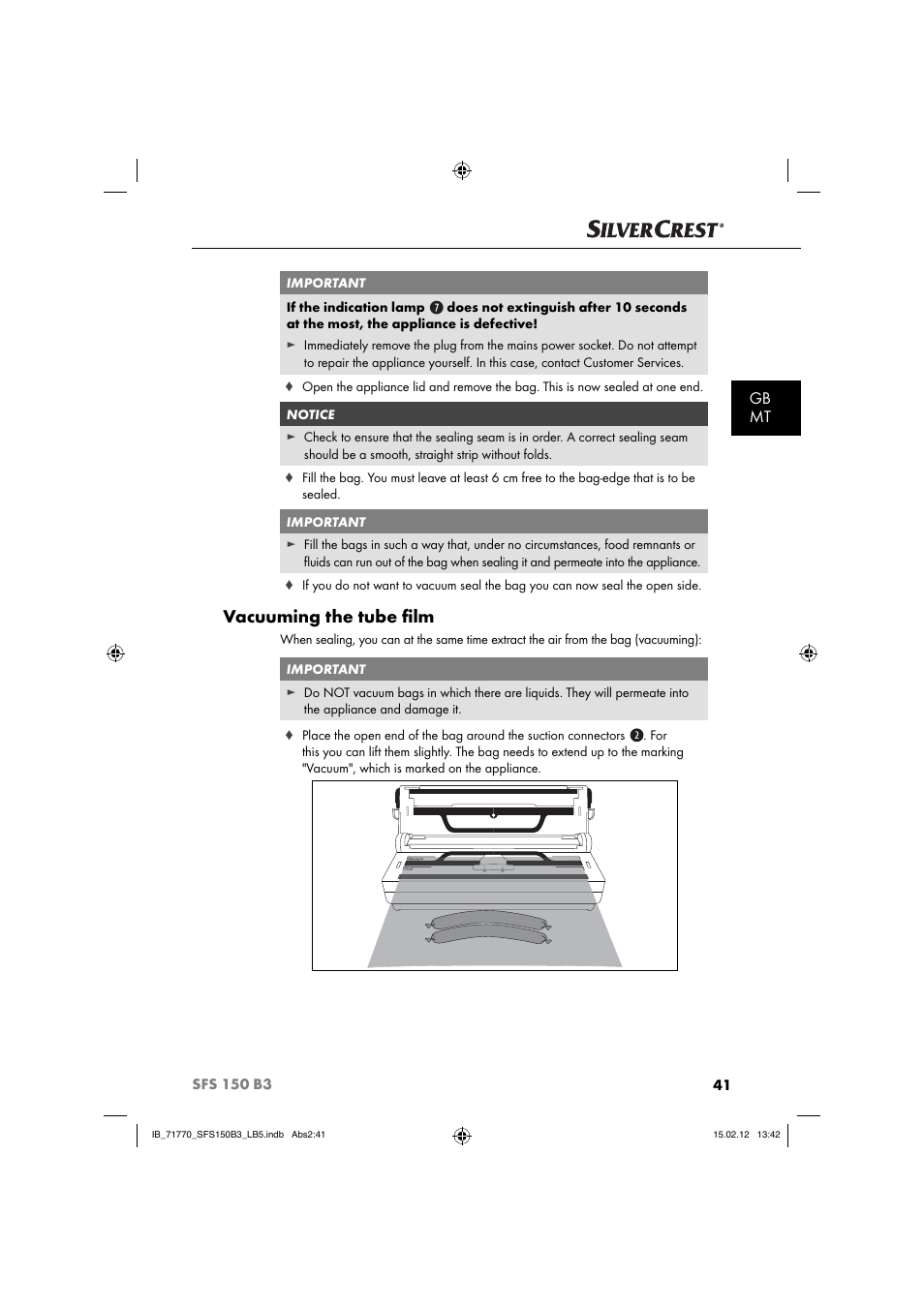 Vacuuming the tube ﬁ lm, Gb mt | Silvercrest SFS 150 B3 User Manual | Page 43 / 72