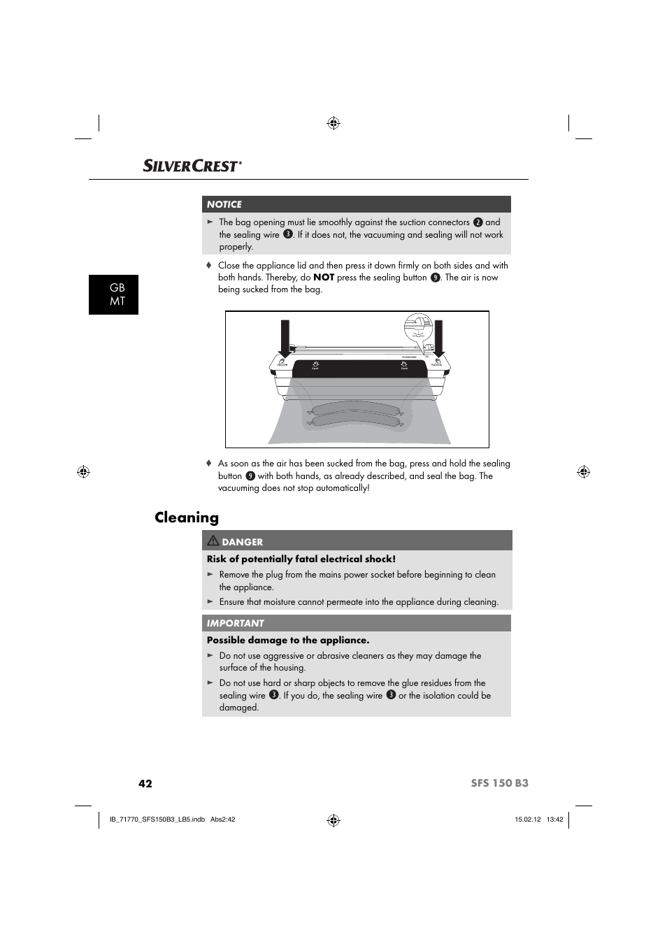 Cleaning, Gb mt | Silvercrest SFS 150 B3 User Manual | Page 44 / 72