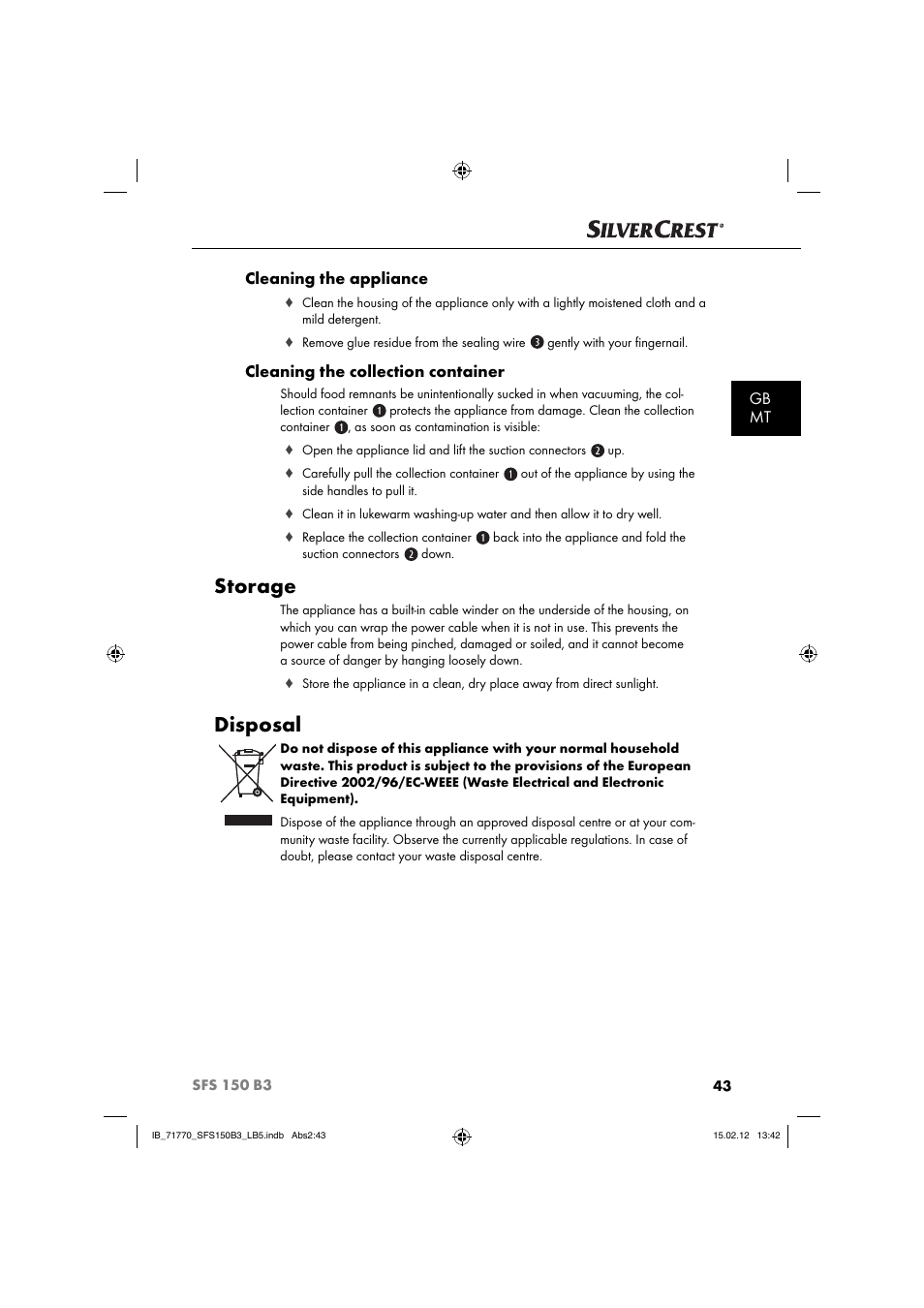 Storage, Disposal, Gb mt cleaning the appliance | Cleaning the collection container | Silvercrest SFS 150 B3 User Manual | Page 45 / 72