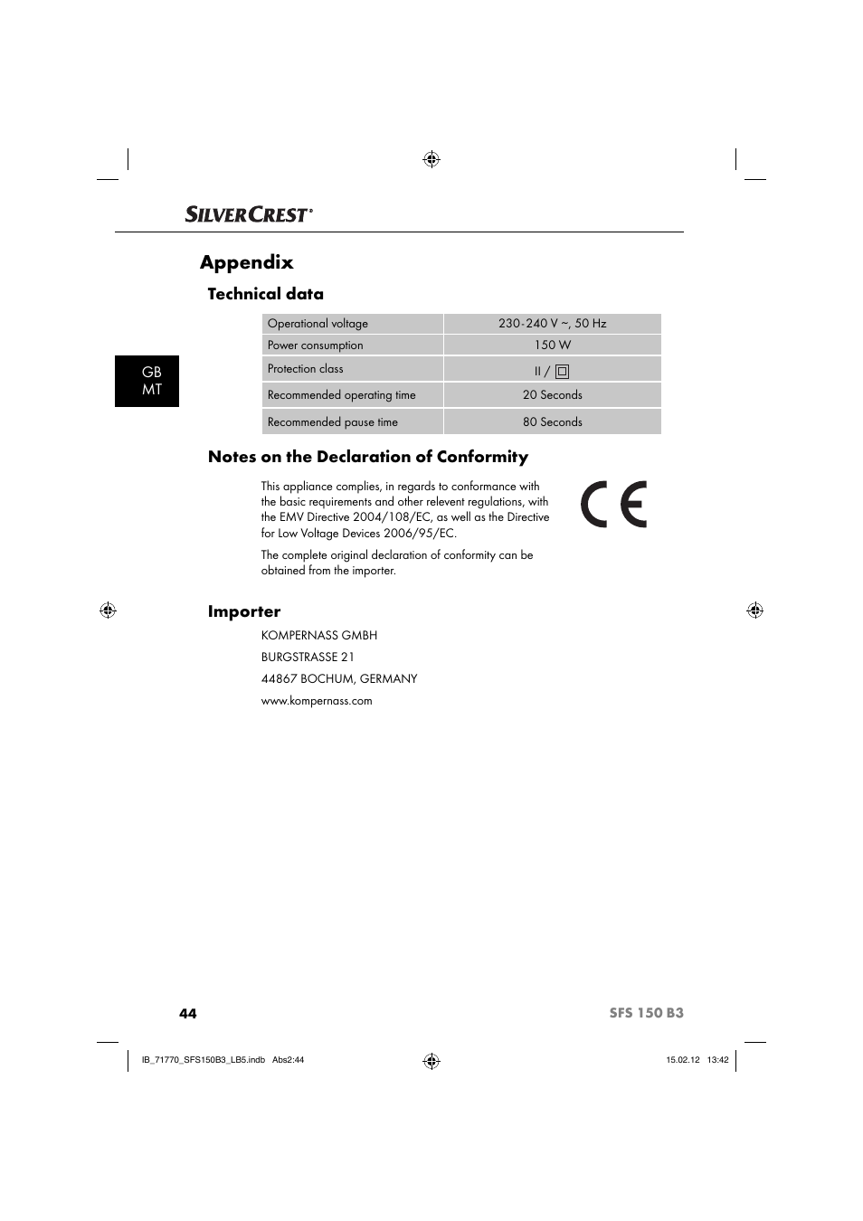 Appendix, Technical data, Importer | Gb mt | Silvercrest SFS 150 B3 User Manual | Page 46 / 72