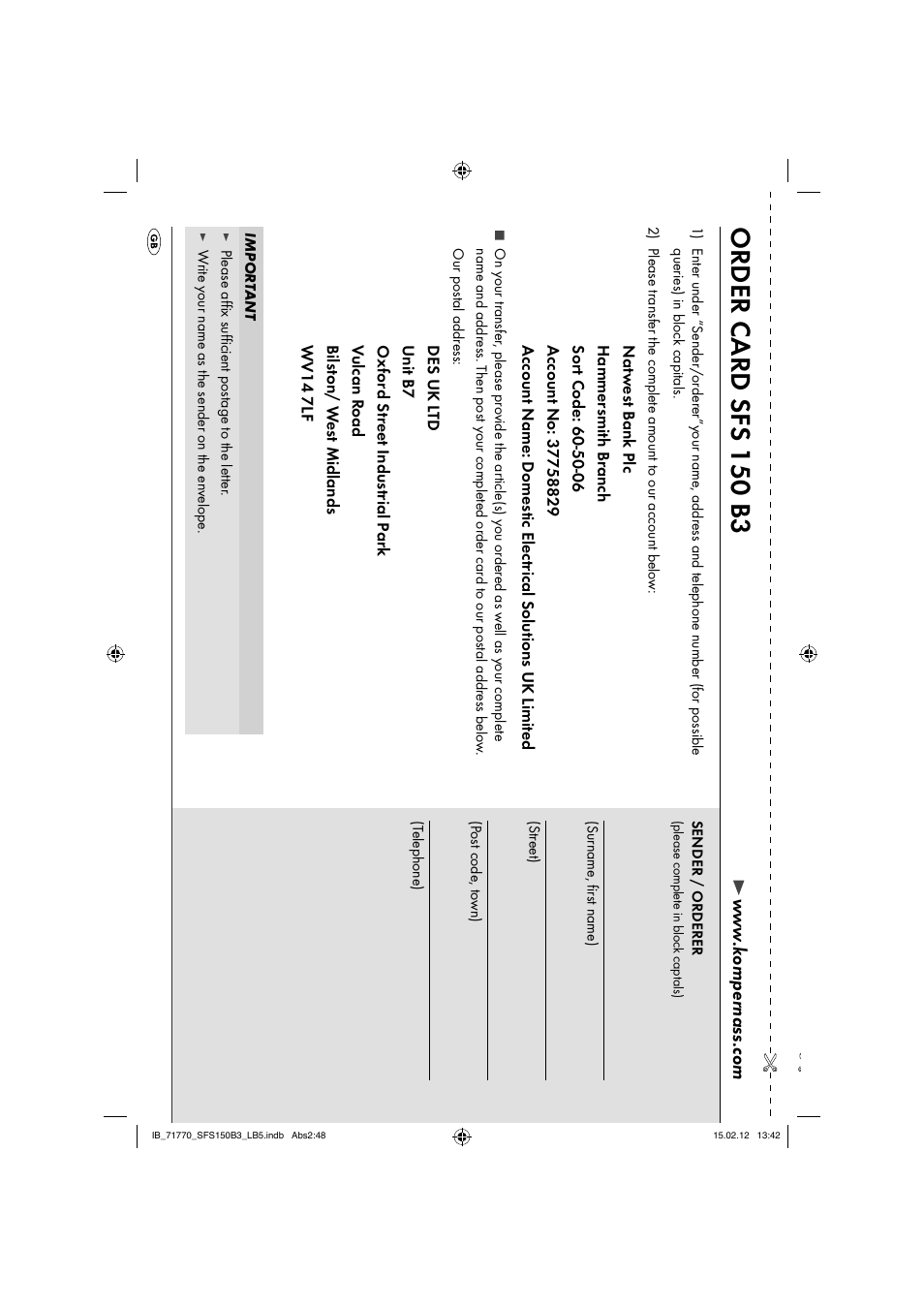 Order c ard sfs 150 b3 | Silvercrest SFS 150 B3 User Manual | Page 50 / 72