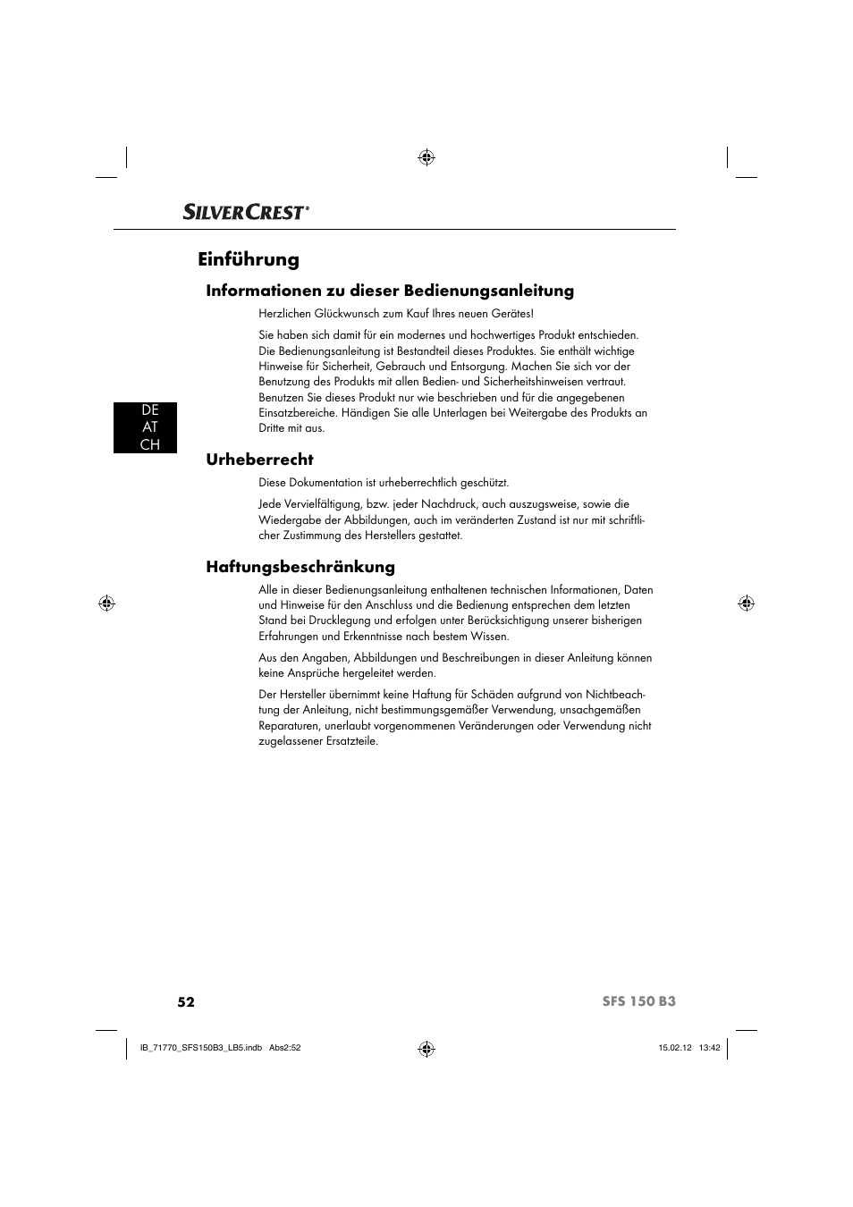 Einführung, Informationen zu dieser bedienungsanleitung, Urheberrecht | Haftungsbeschränkung | Silvercrest SFS 150 B3 User Manual | Page 54 / 72