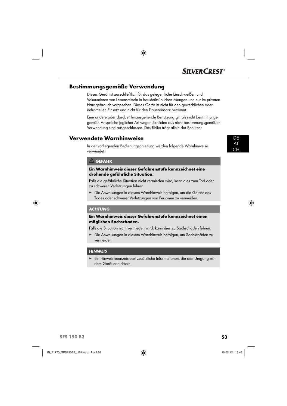 Bestimmungsgemäße verwendung, Verwendete warnhinweise, De at ch | Silvercrest SFS 150 B3 User Manual | Page 55 / 72