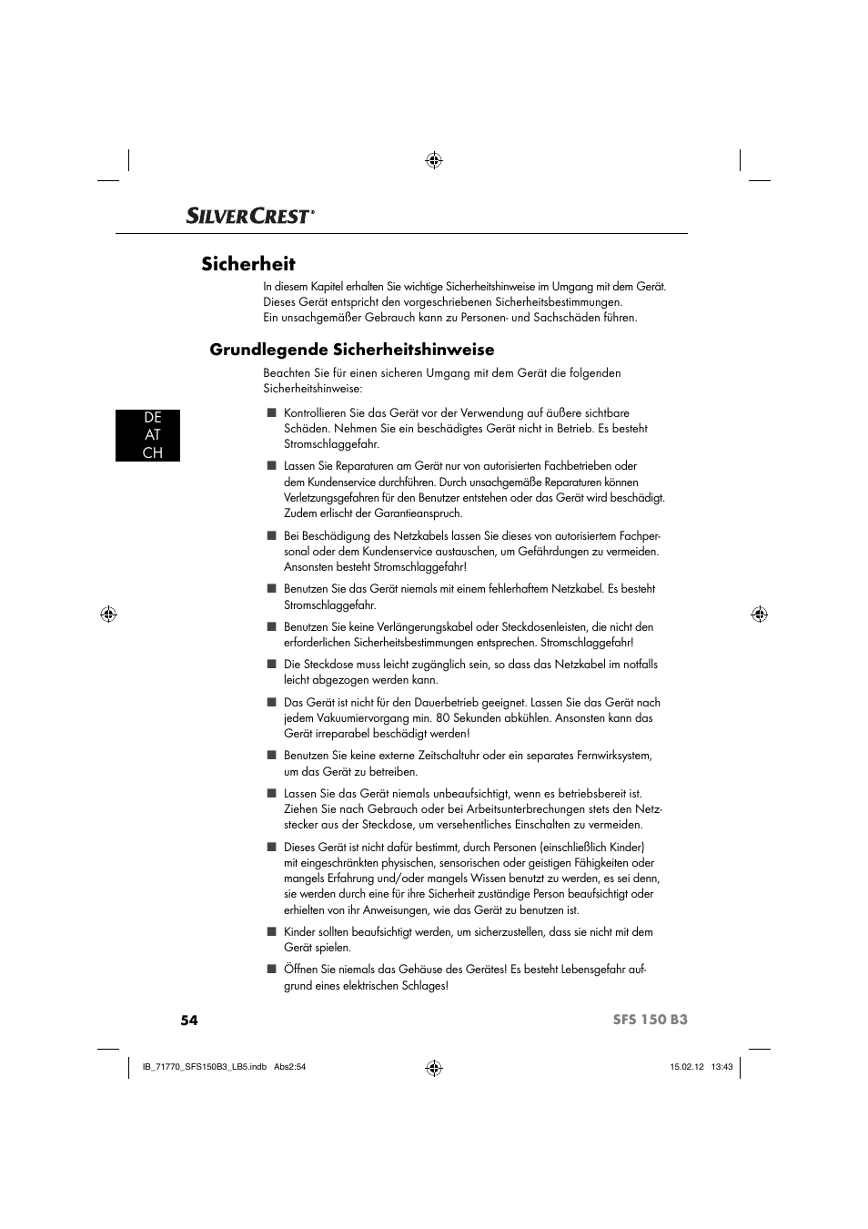 Sicherheit, Grundlegende sicherheitshinweise, De at ch | Silvercrest SFS 150 B3 User Manual | Page 56 / 72
