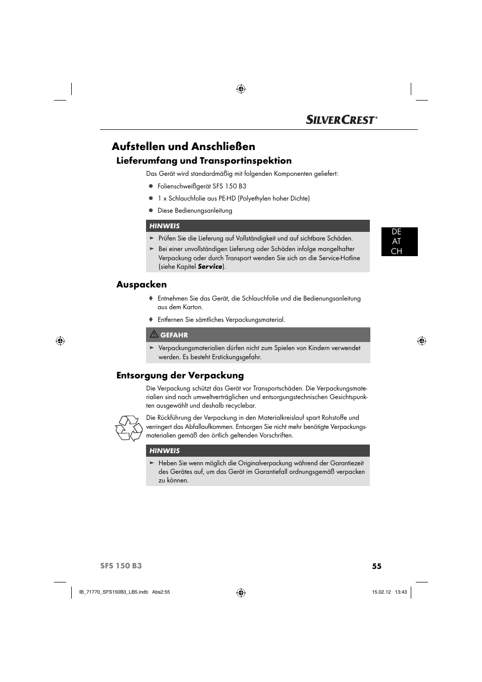 Aufstellen und anschließen, Lieferumfang und transportinspektion, Auspacken | Entsorgung der verpackung, De at ch | Silvercrest SFS 150 B3 User Manual | Page 57 / 72