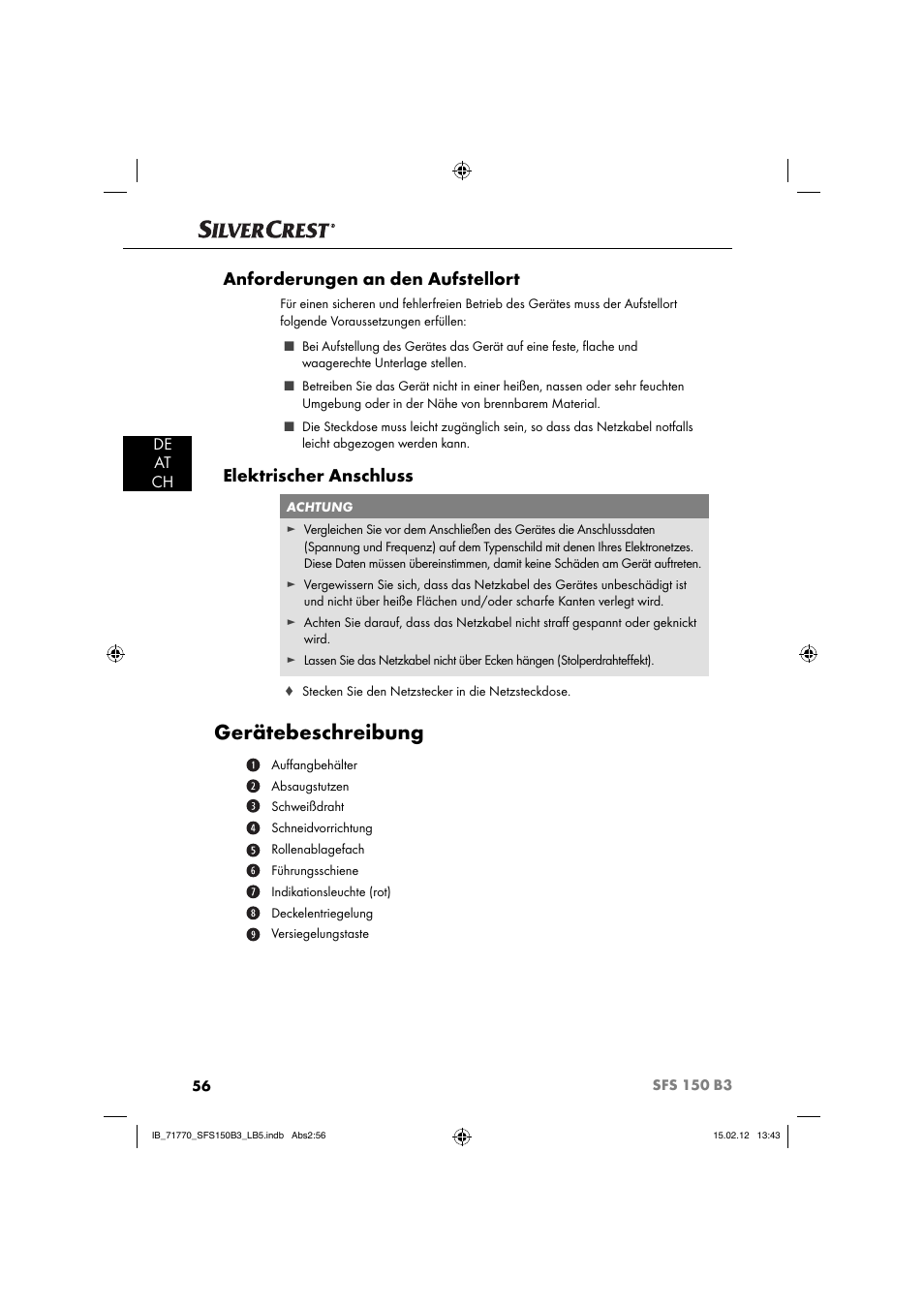 Gerätebeschreibung, Anforderungen an den aufstellort, Elektrischer anschluss | De at ch | Silvercrest SFS 150 B3 User Manual | Page 58 / 72