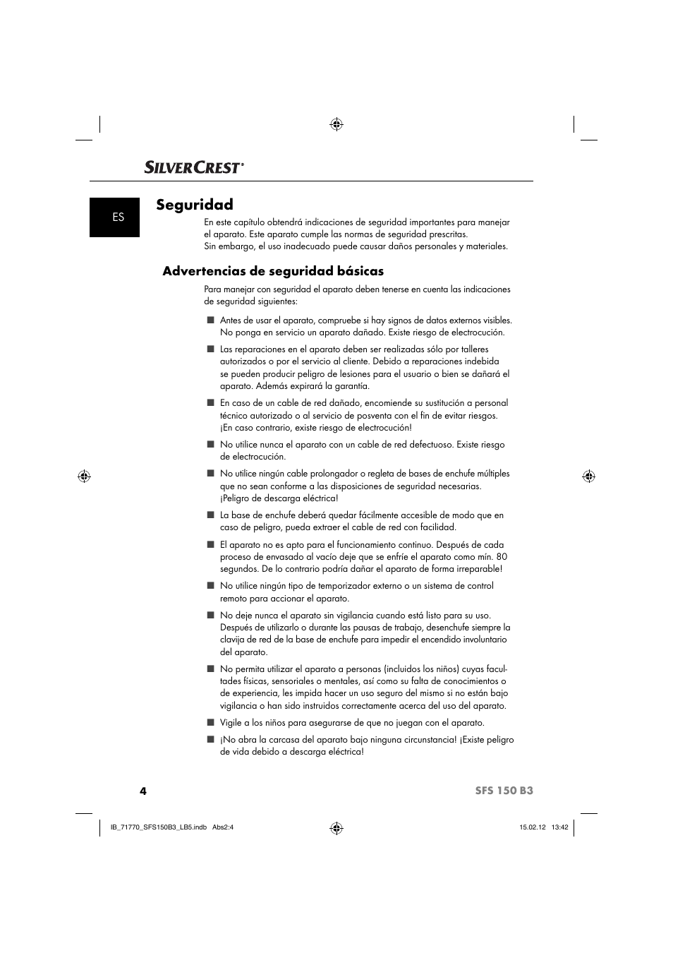 Seguridad, Advertencias de seguridad básicas | Silvercrest SFS 150 B3 User Manual | Page 6 / 72