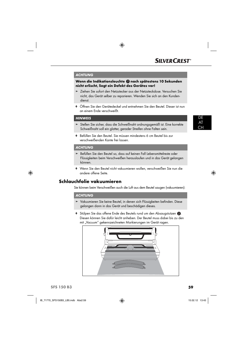 Schlauchfolie vakuumieren, De at ch | Silvercrest SFS 150 B3 User Manual | Page 61 / 72