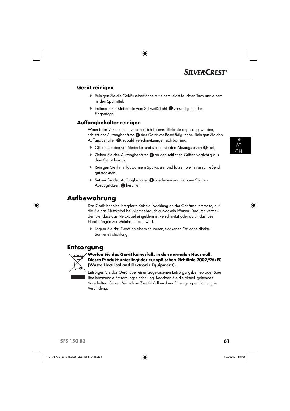 Aufbewahrung, Entsorgung, De at ch gerät reinigen | Auﬀ angbehälter reinigen | Silvercrest SFS 150 B3 User Manual | Page 63 / 72