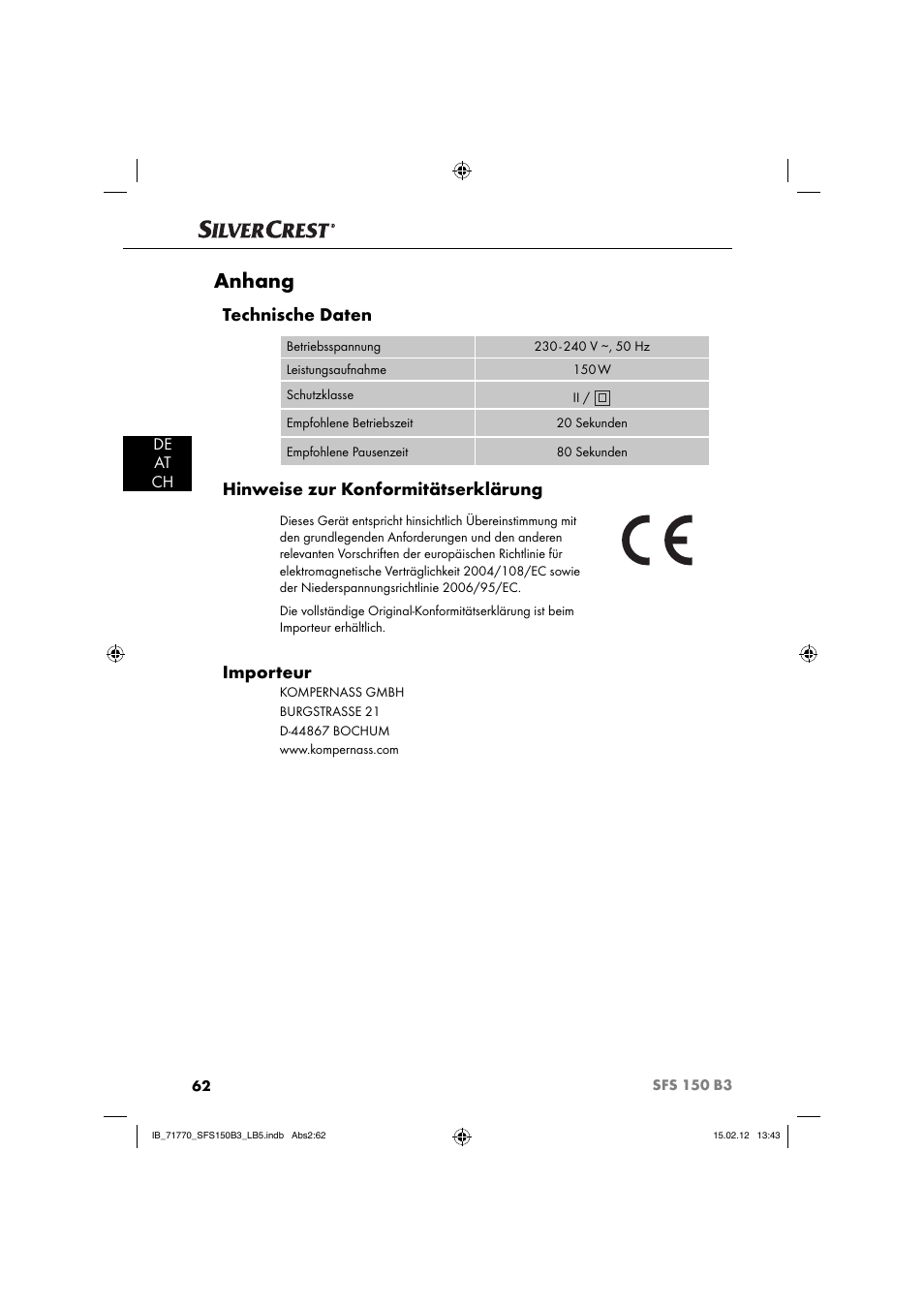 Anhang, Technische daten, Hinweise zur konformitätserklärung | Importeur | Silvercrest SFS 150 B3 User Manual | Page 64 / 72