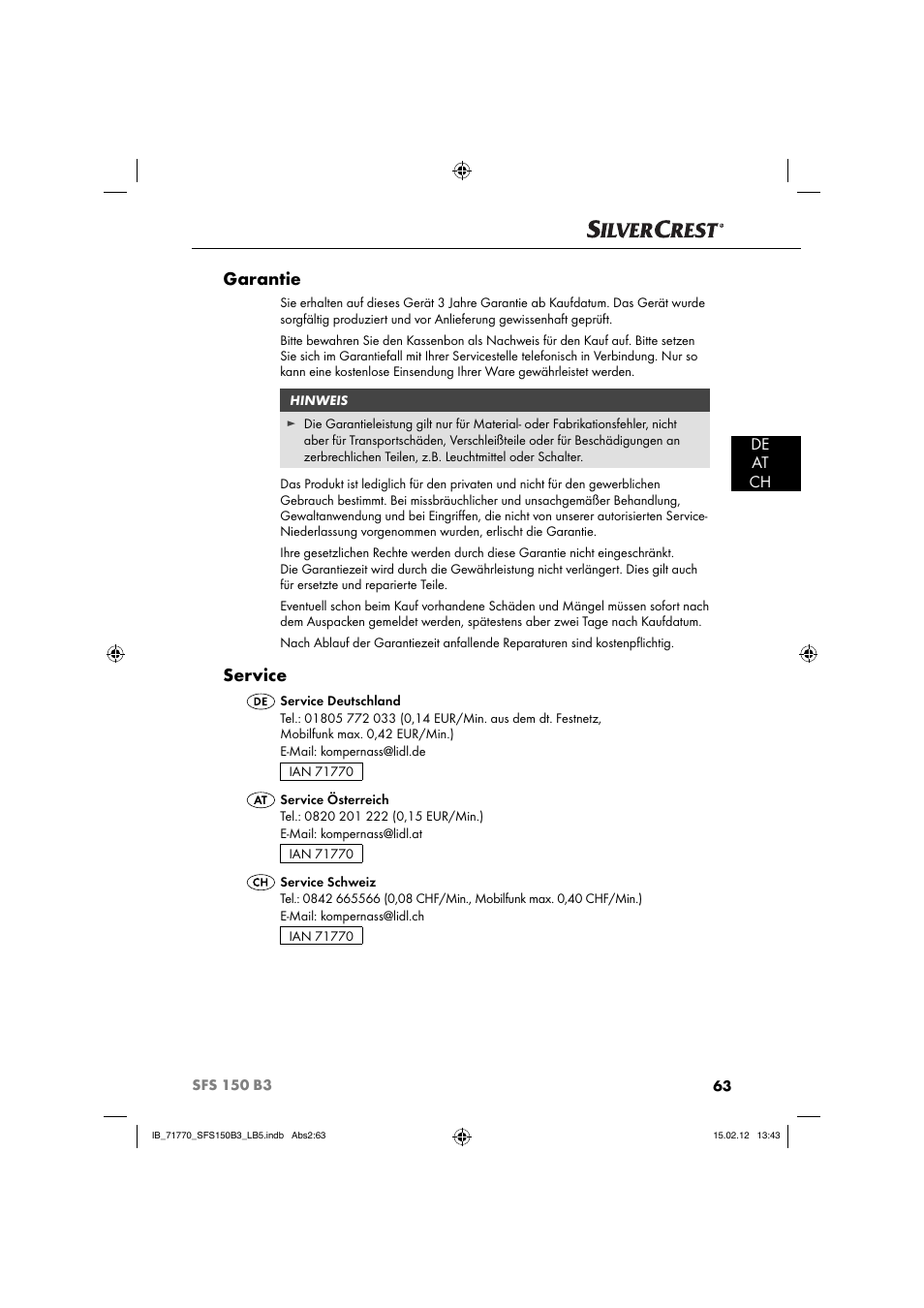 Garantie, Service, De at ch | Silvercrest SFS 150 B3 User Manual | Page 65 / 72