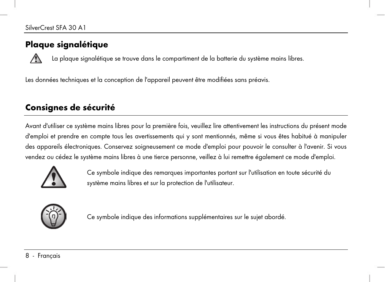 Plaque signalétique, Consignes de sécurité | Silvercrest SFA 30 A1 User Manual | Page 10 / 96