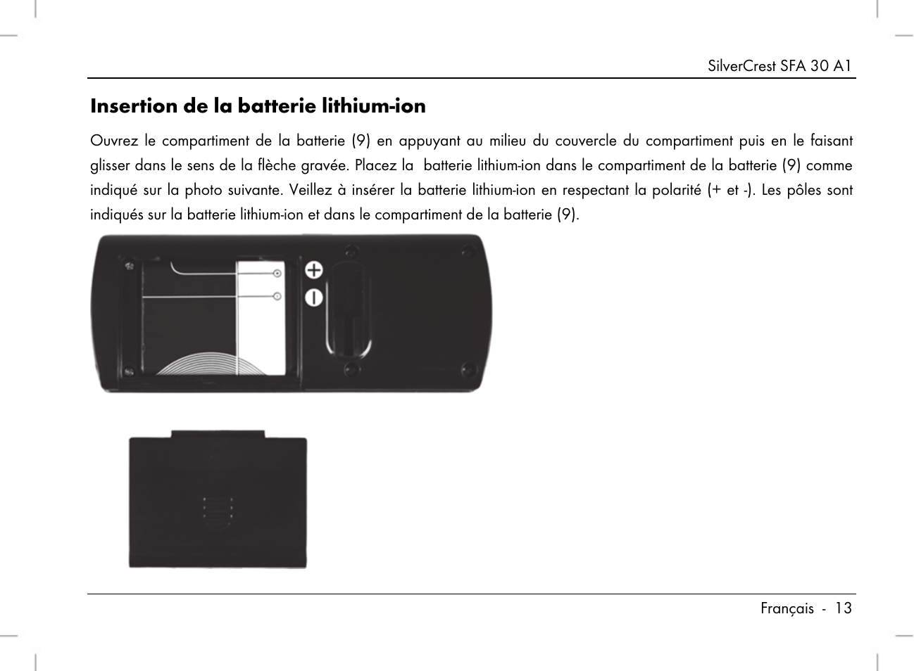 Insertion de la batterie lithium-ion | Silvercrest SFA 30 A1 User Manual | Page 15 / 96