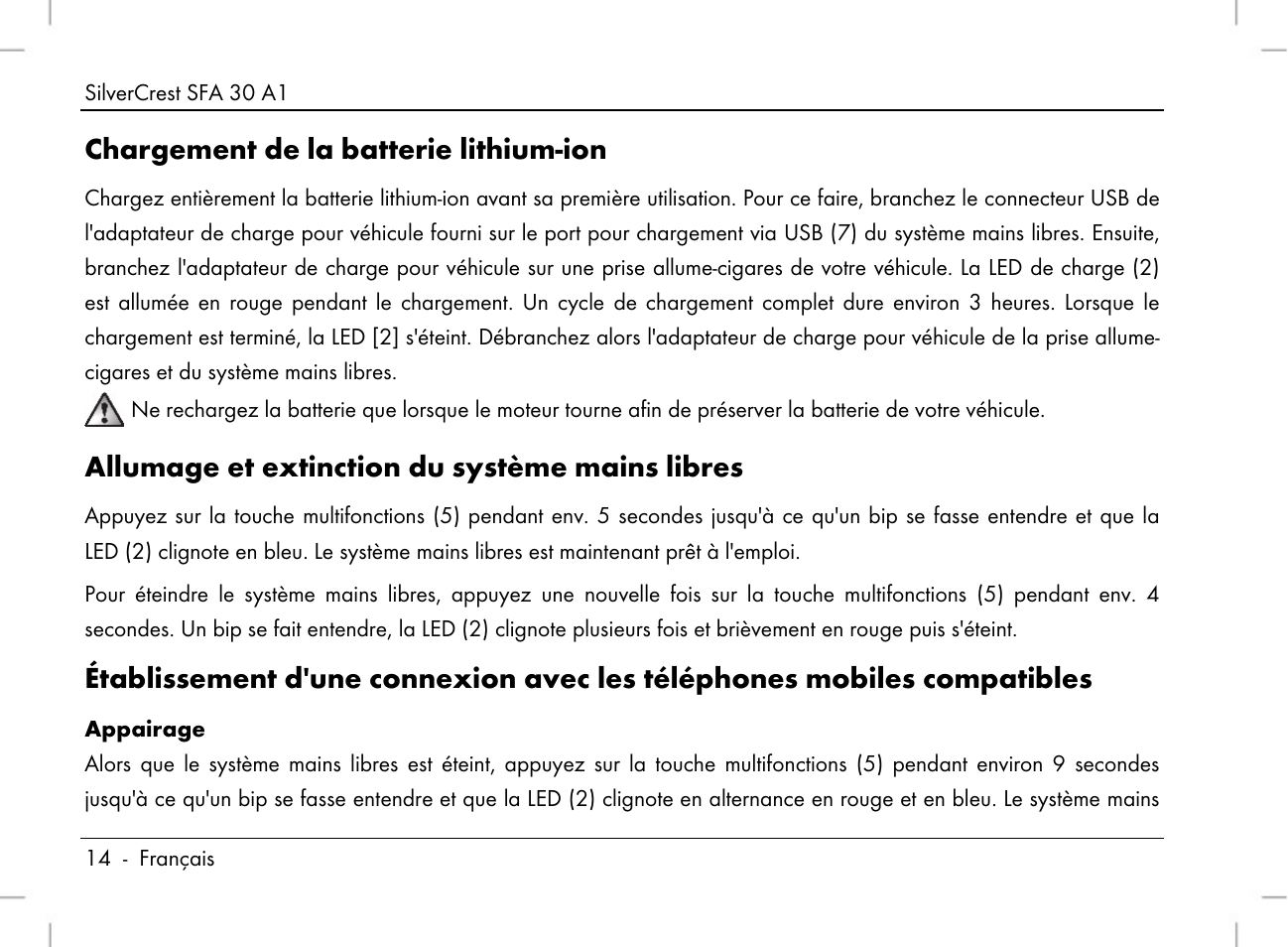 Chargement de la batterie lithium-ion, Allumage et extinction du système mains libres | Silvercrest SFA 30 A1 User Manual | Page 16 / 96