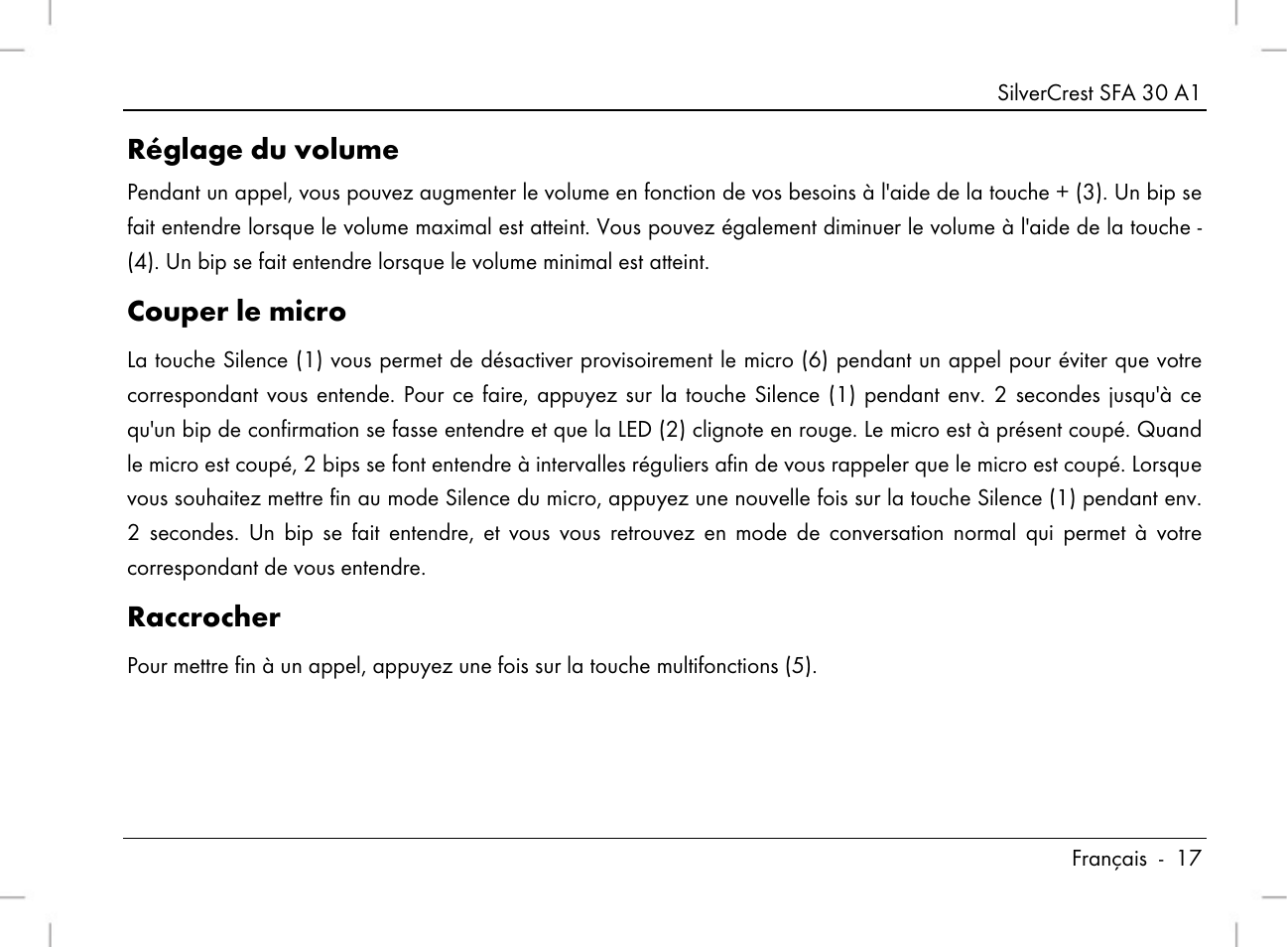 Réglage du volume, Couper le micro, Raccrocher | Silvercrest SFA 30 A1 User Manual | Page 19 / 96