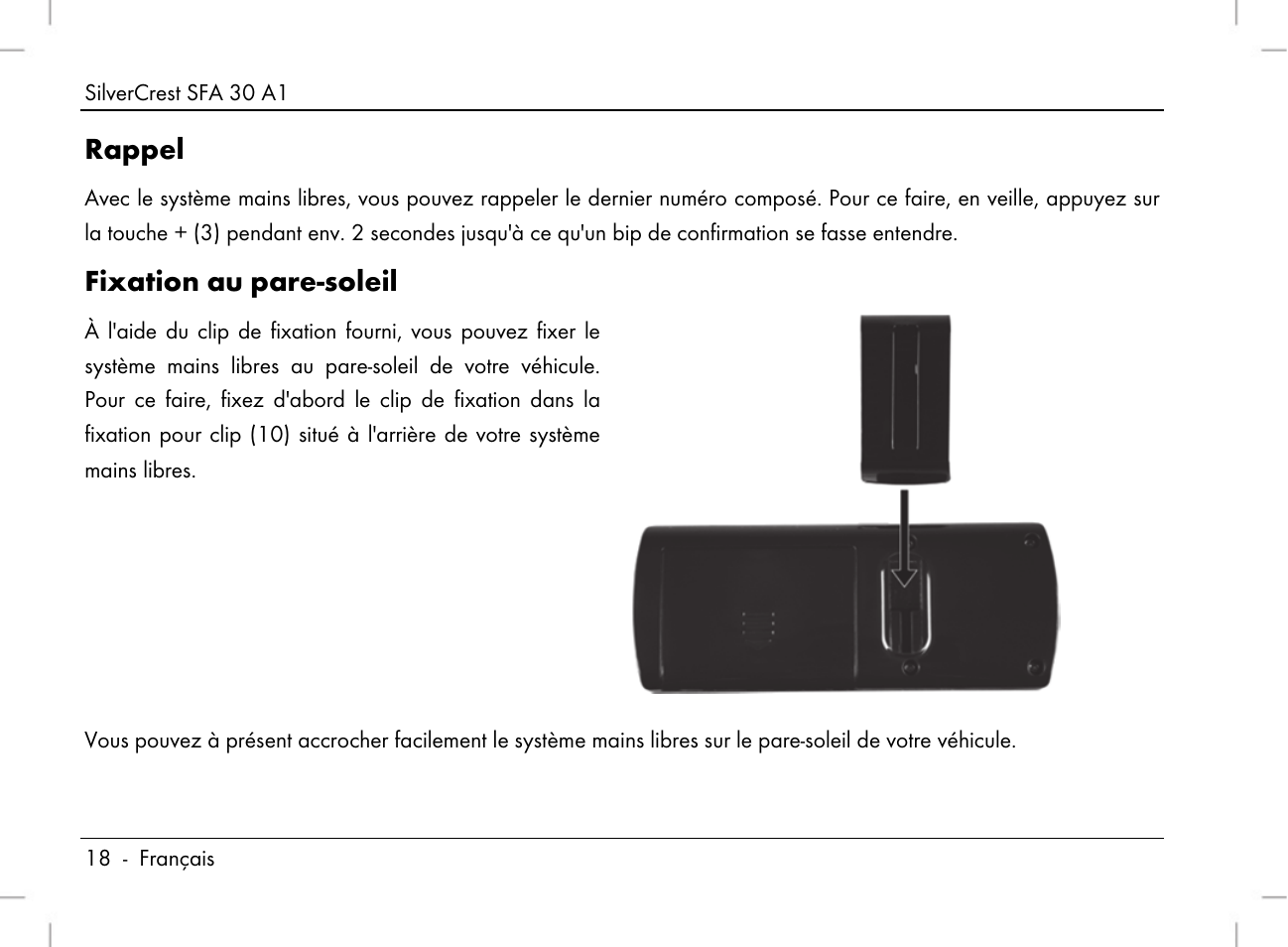 Rappel, Fixation au pare-soleil | Silvercrest SFA 30 A1 User Manual | Page 20 / 96