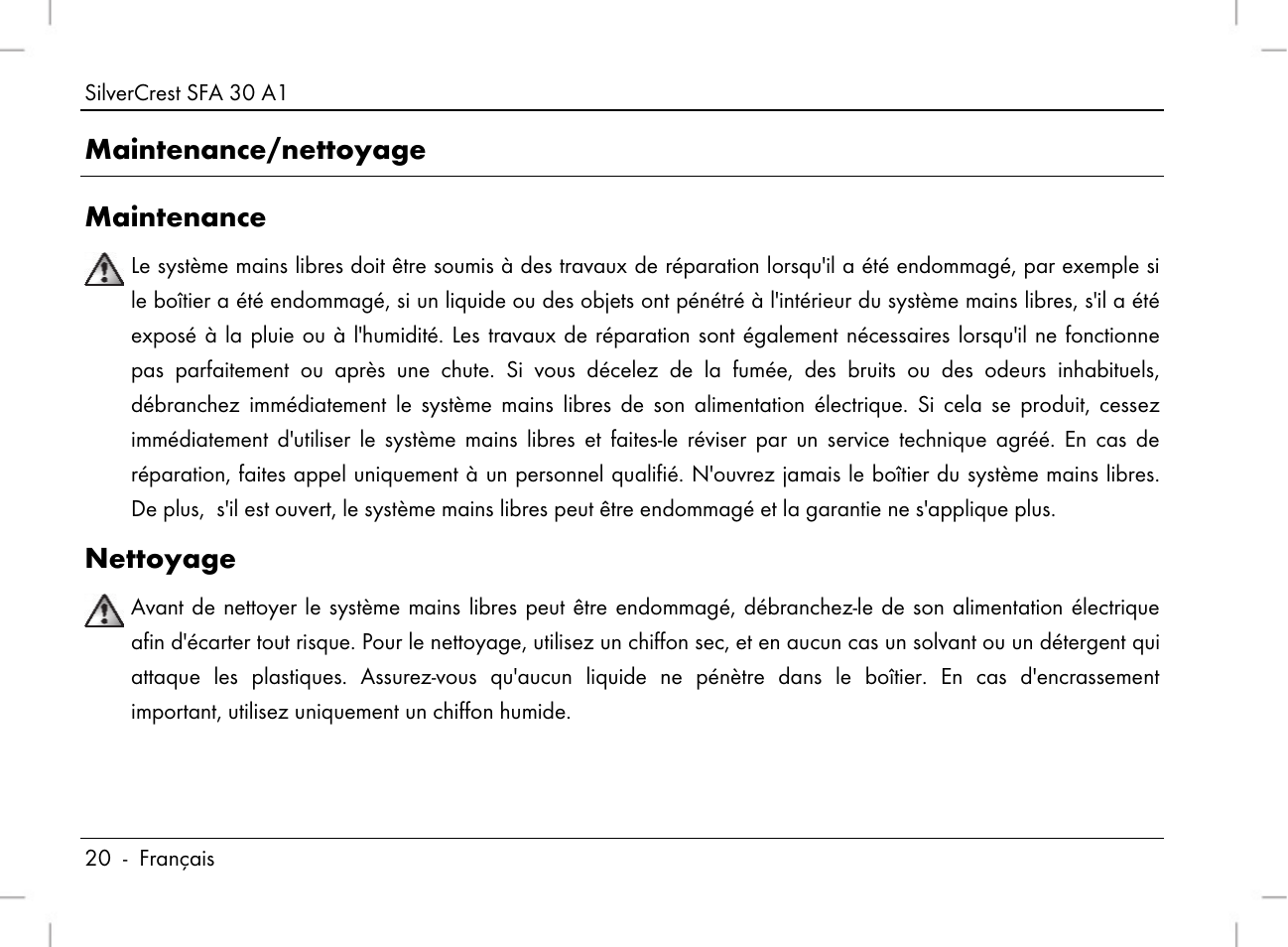 Maintenance/nettoyage maintenance, Nettoyage | Silvercrest SFA 30 A1 User Manual | Page 22 / 96