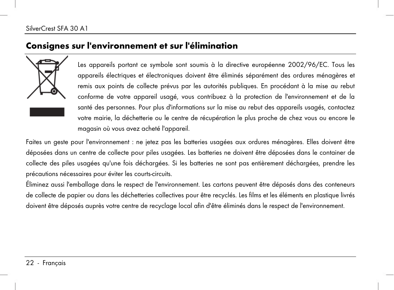 Consignes sur l'environnement et sur l'élimination | Silvercrest SFA 30 A1 User Manual | Page 24 / 96