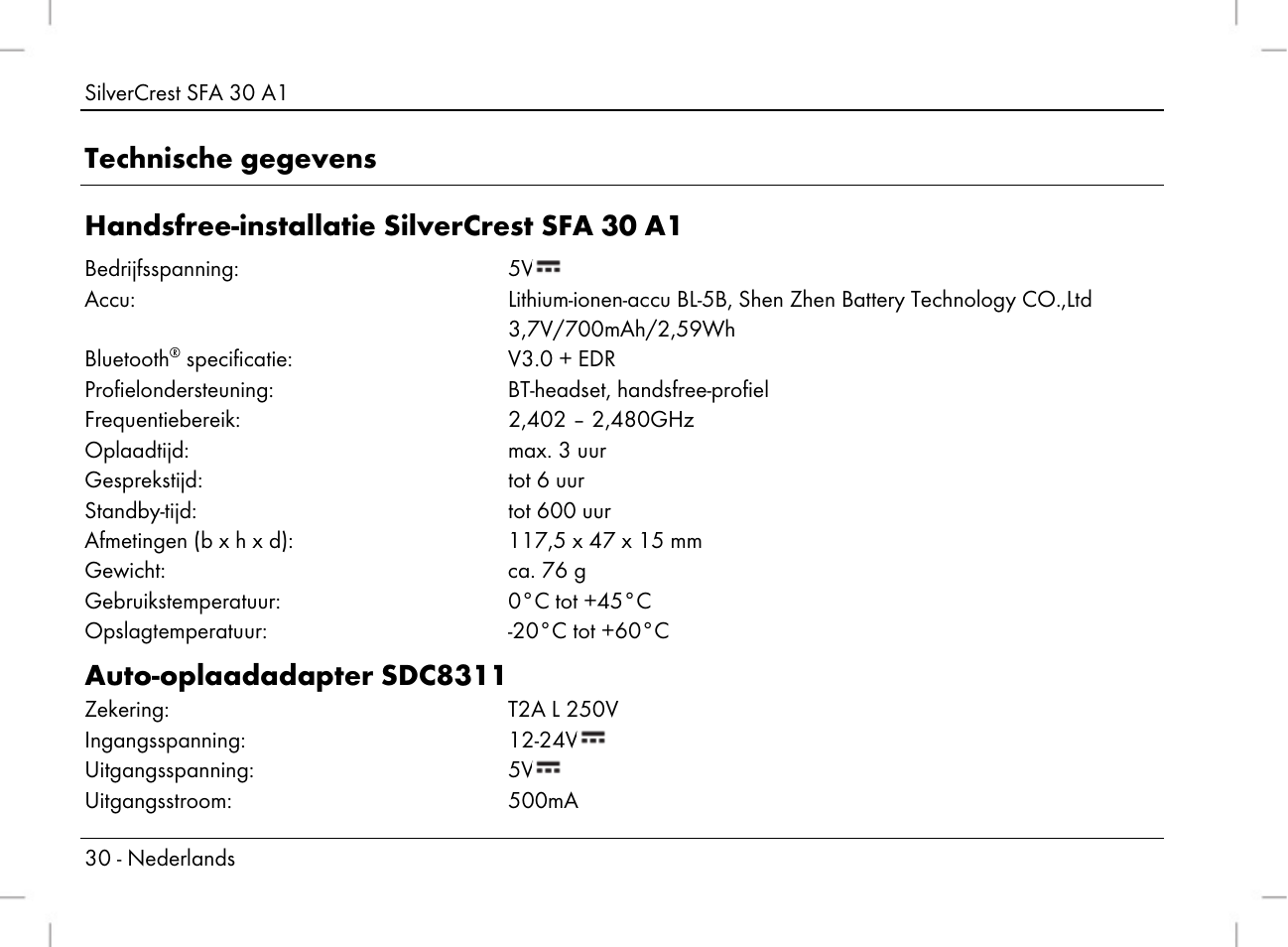 Auto-oplaadadapter sdc8311 | Silvercrest SFA 30 A1 User Manual | Page 32 / 96