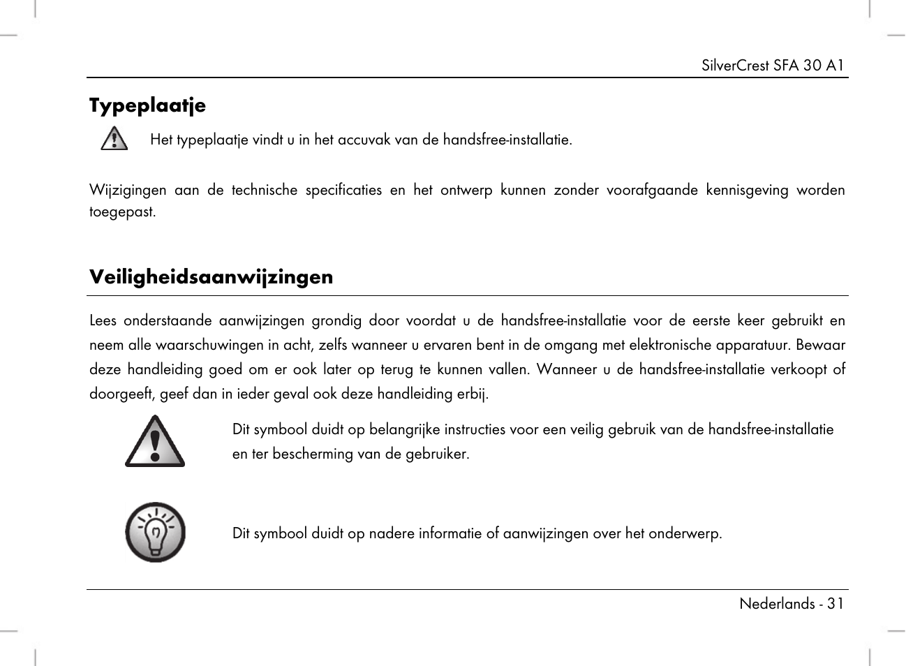 Typeplaatje, Veiligheidsaanwijzingen | Silvercrest SFA 30 A1 User Manual | Page 33 / 96