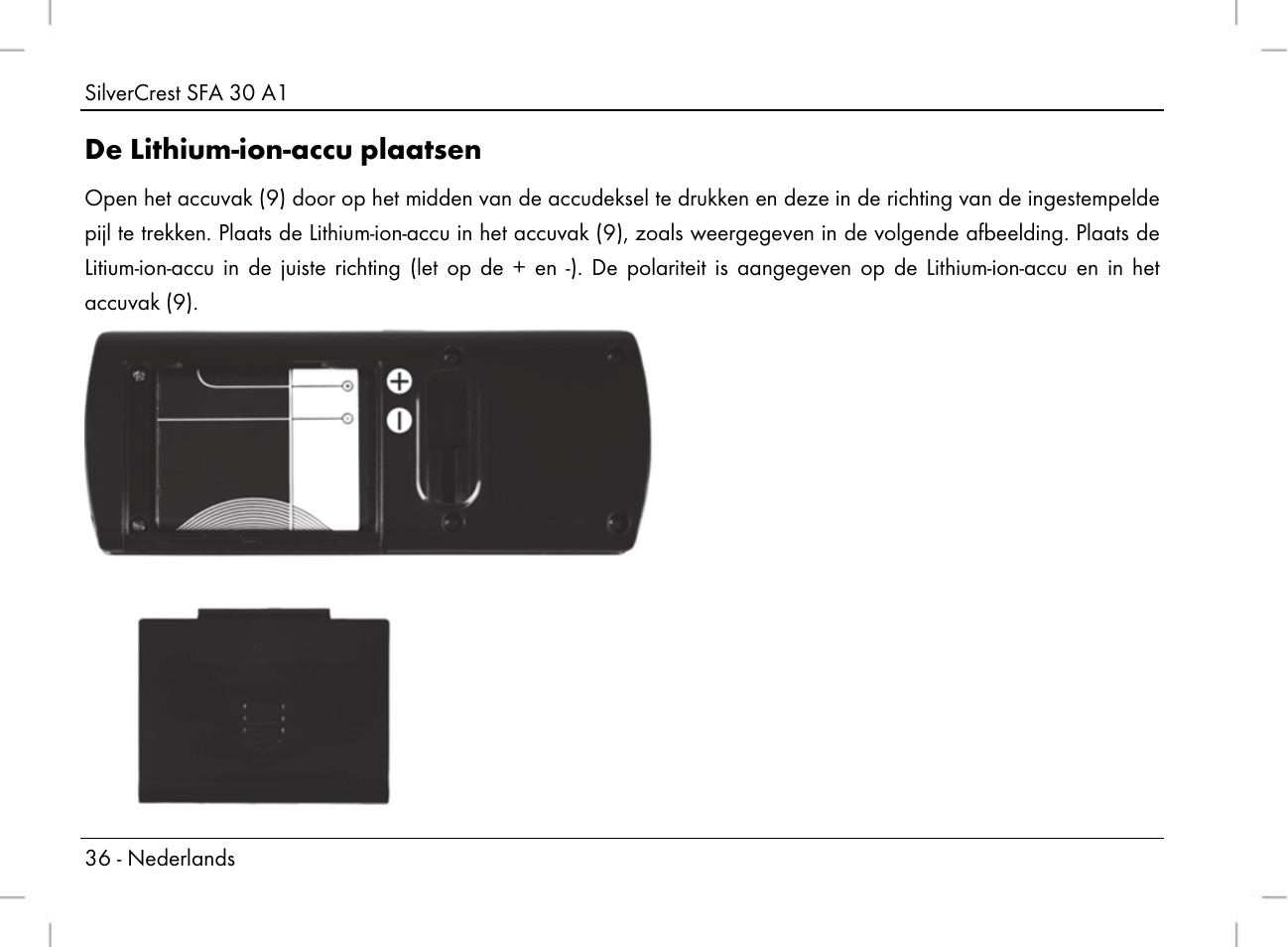 De lithium-ion-accu plaatsen | Silvercrest SFA 30 A1 User Manual | Page 38 / 96