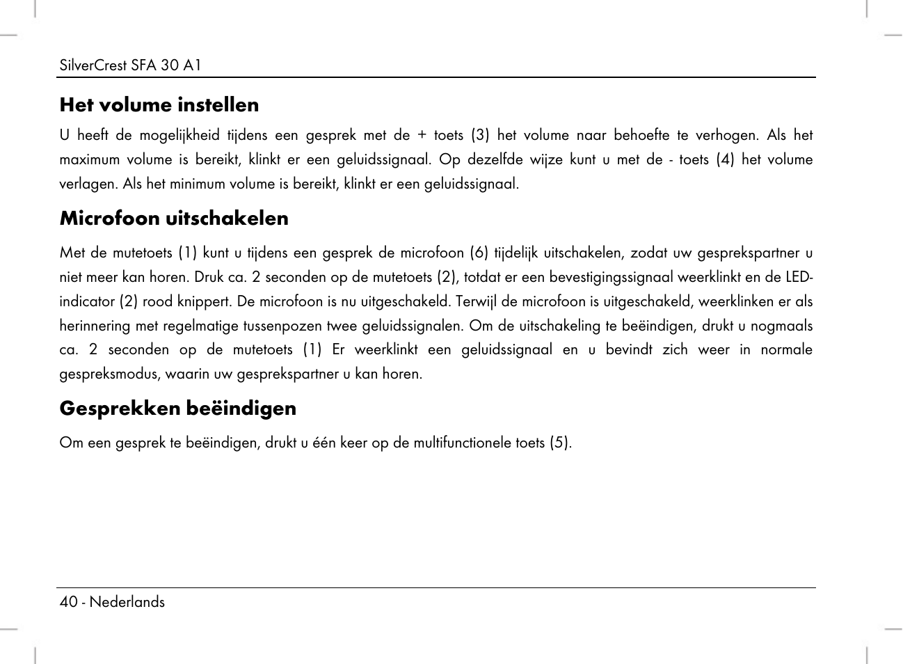 Het volume instellen, Microfoon uitschakelen, Gesprekken beëindigen | Silvercrest SFA 30 A1 User Manual | Page 42 / 96