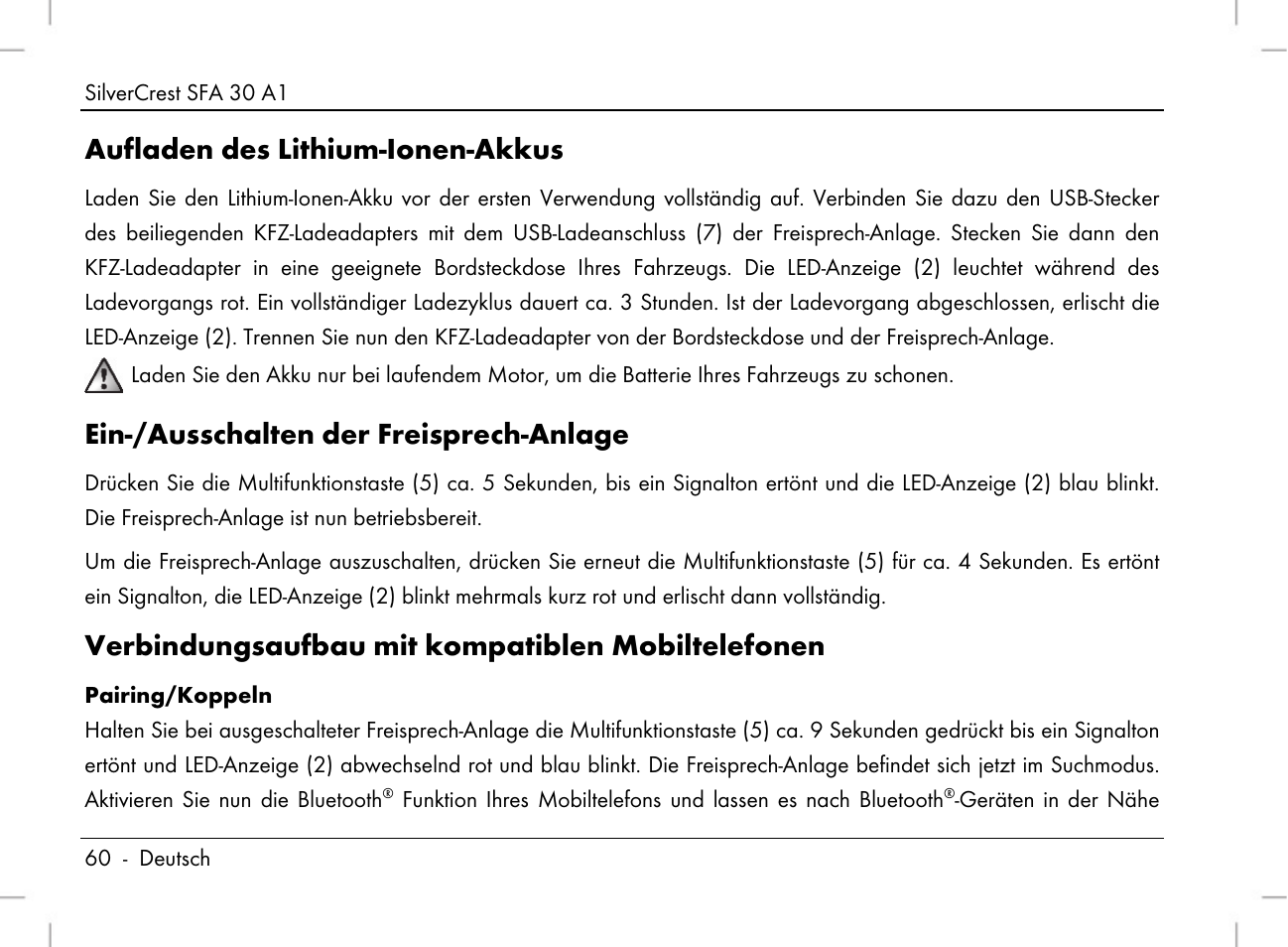 Aufladen des lithium-ionen-akkus, Ein-/ausschalten der freisprech-anlage, Verbindungsaufbau mit kompatiblen mobiltelefonen | Silvercrest SFA 30 A1 User Manual | Page 62 / 96
