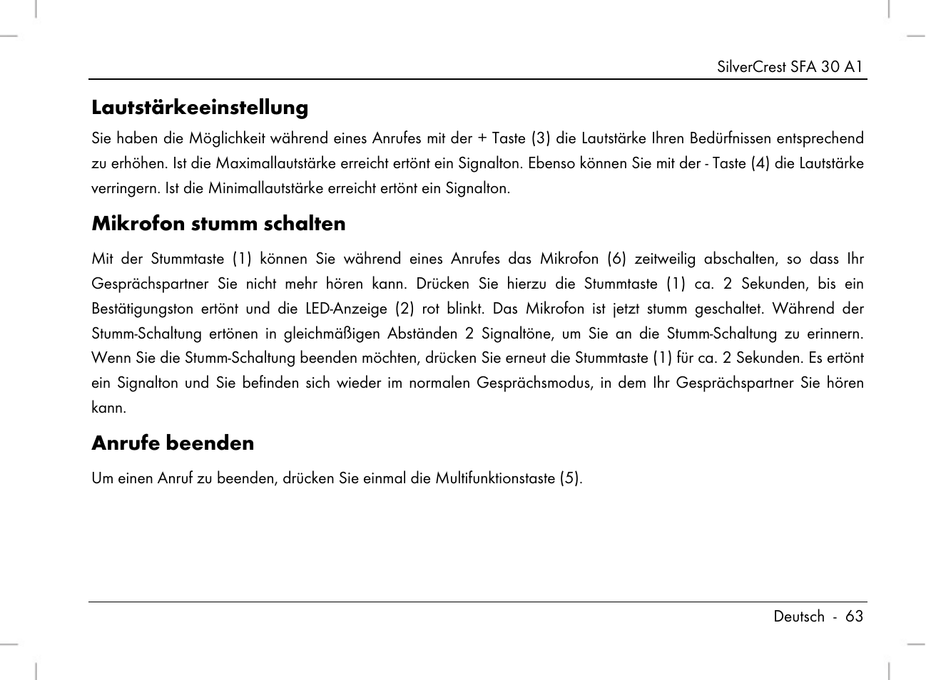 Lautstärkeeinstellung, Mikrofon stumm schalten, Anrufe beenden | Silvercrest SFA 30 A1 User Manual | Page 65 / 96