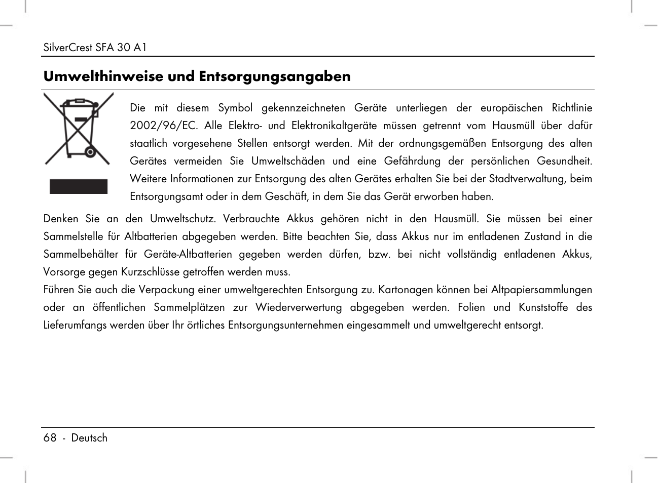 Umwelthinweise und entsorgungsangaben | Silvercrest SFA 30 A1 User Manual | Page 70 / 96