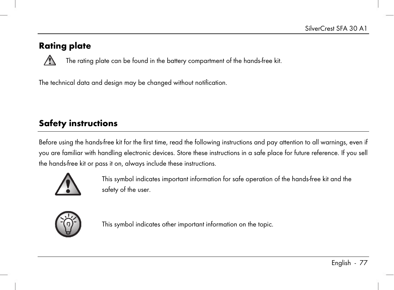 Rating plate, Safety instructions | Silvercrest SFA 30 A1 User Manual | Page 79 / 96
