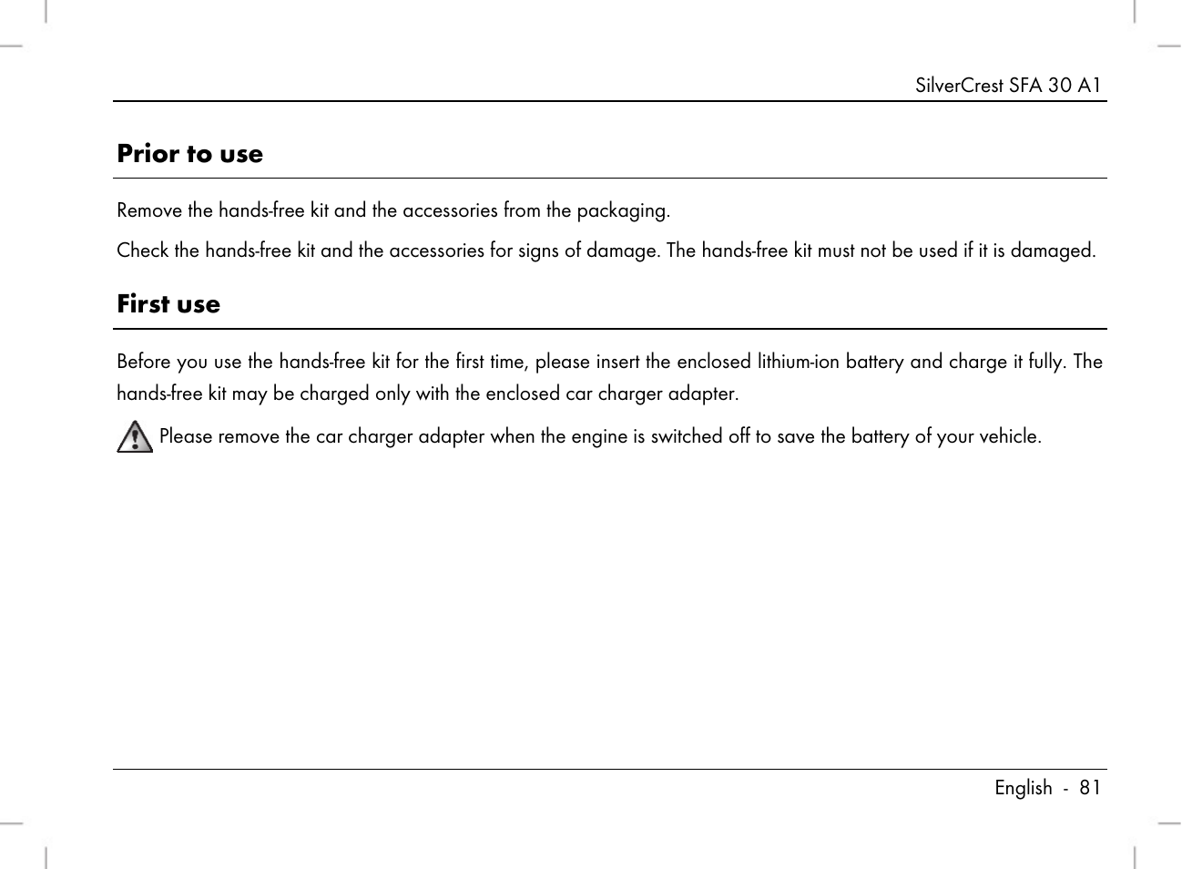 Prior to use, First use | Silvercrest SFA 30 A1 User Manual | Page 83 / 96