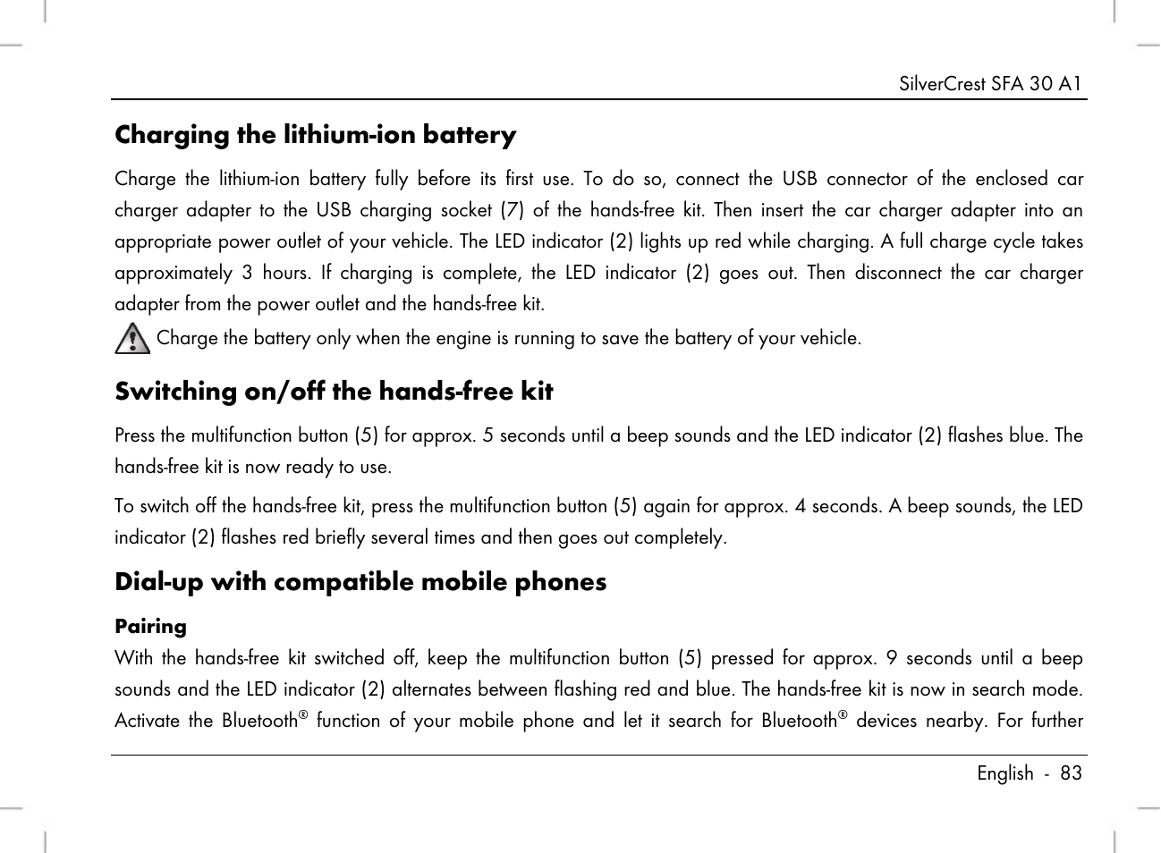 Charging the lithium-ion battery, Switching on/off the hands-free kit, Dial-up with compatible mobile phones | Silvercrest SFA 30 A1 User Manual | Page 85 / 96