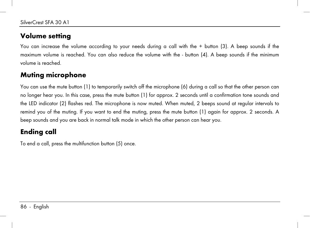 Volume setting, Muting microphone, Ending call | Silvercrest SFA 30 A1 User Manual | Page 88 / 96