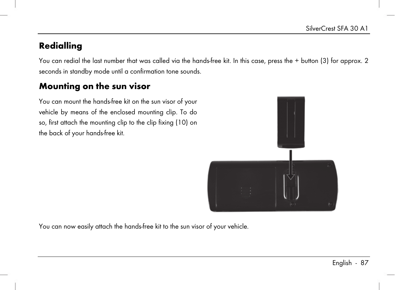 Redialling, Mounting on the sun visor | Silvercrest SFA 30 A1 User Manual | Page 89 / 96