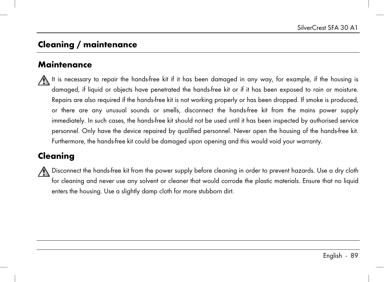 Cleaning / maintenance maintenance, Cleaning | Silvercrest SFA 30 A1 User Manual | Page 91 / 96