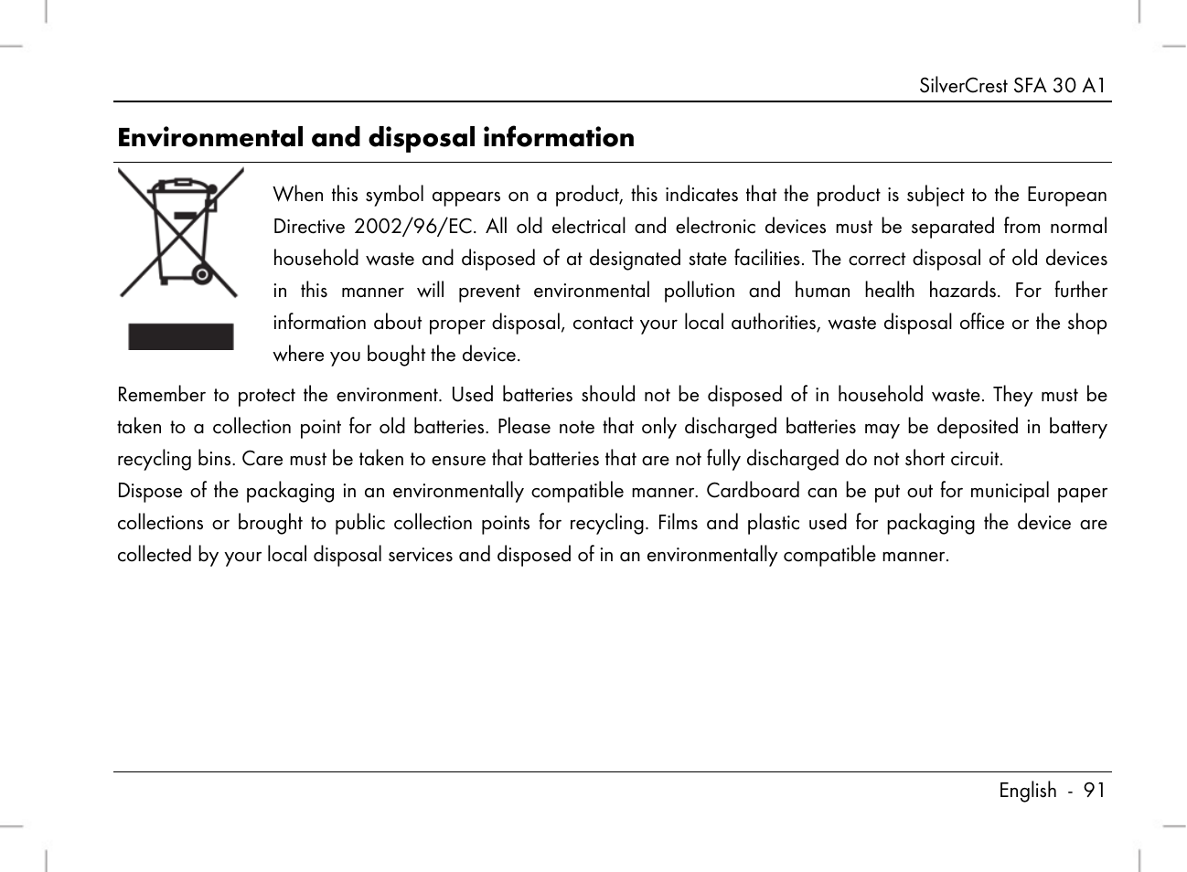 Environmental and disposal information | Silvercrest SFA 30 A1 User Manual | Page 93 / 96