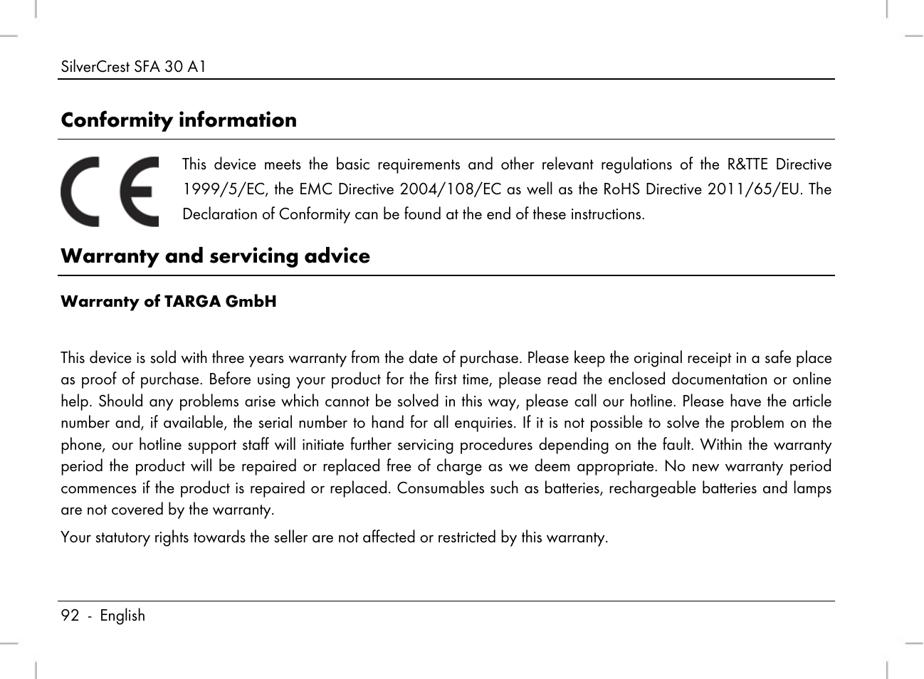 Conformity information, Warranty and servicing advice | Silvercrest SFA 30 A1 User Manual | Page 94 / 96