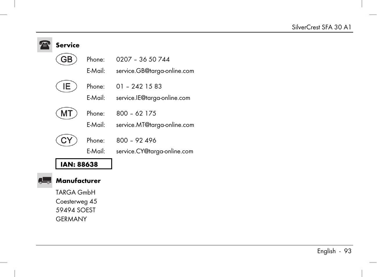 Silvercrest SFA 30 A1 User Manual | Page 95 / 96