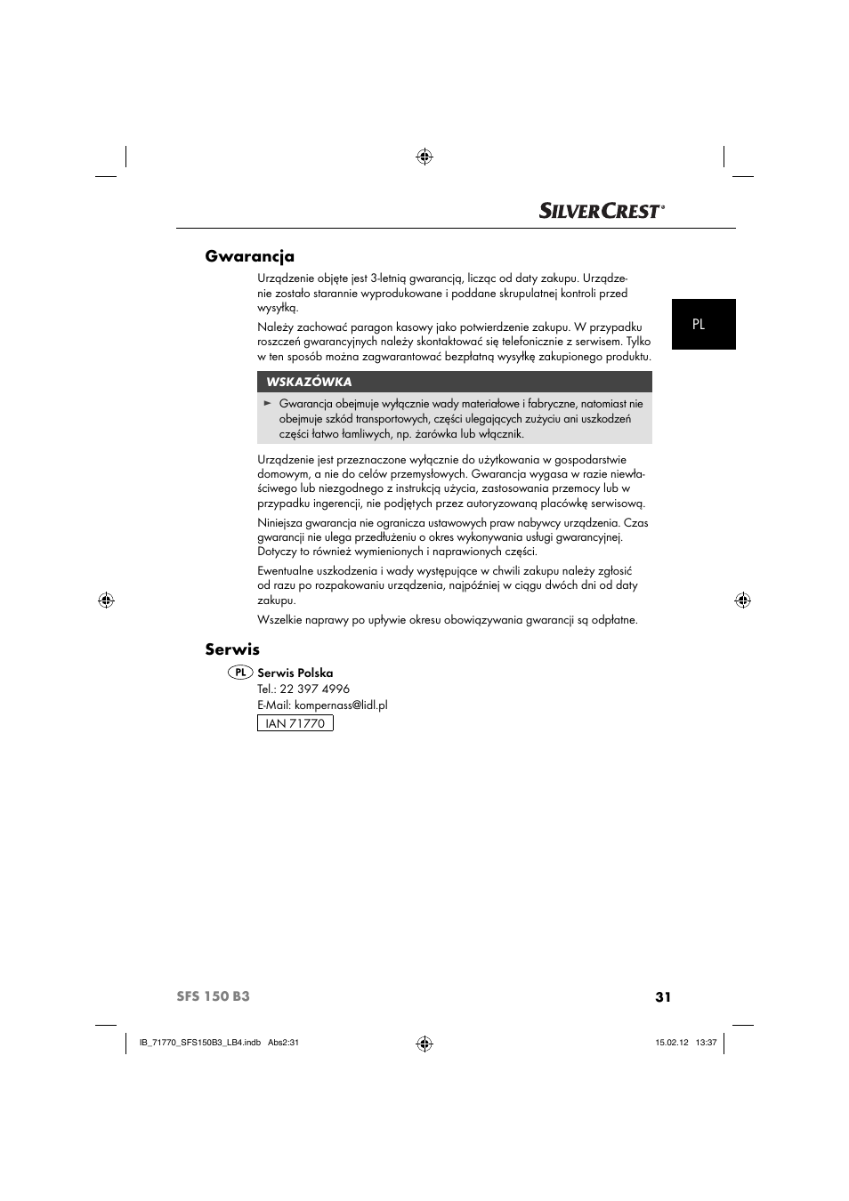 Gwarancja, Serwis | Silvercrest SFS 150 B3 User Manual | Page 33 / 104