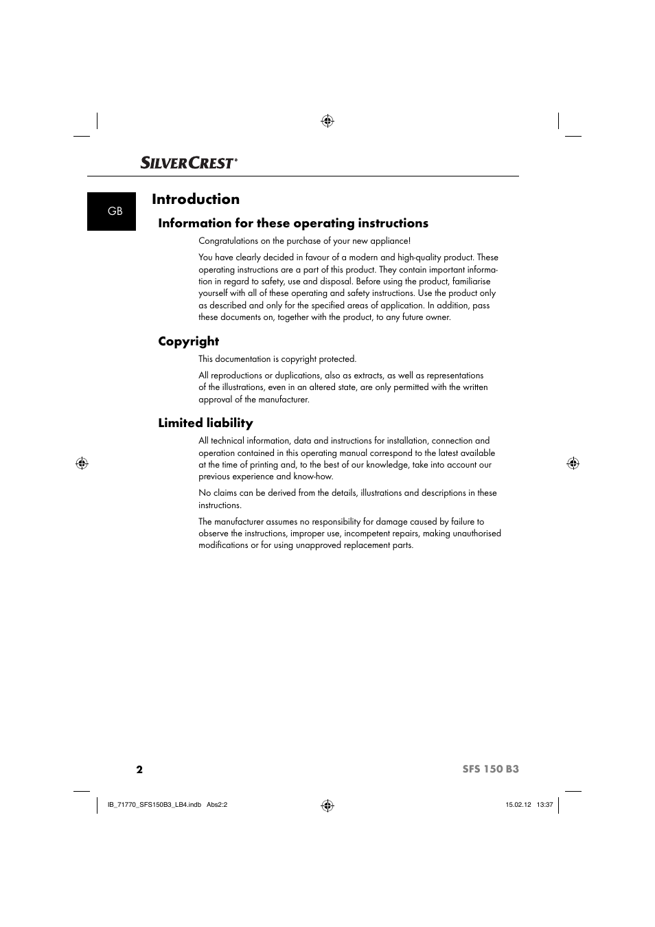 Introduction, Information for these operating instructions, Copyright | Limited liability | Silvercrest SFS 150 B3 User Manual | Page 4 / 104