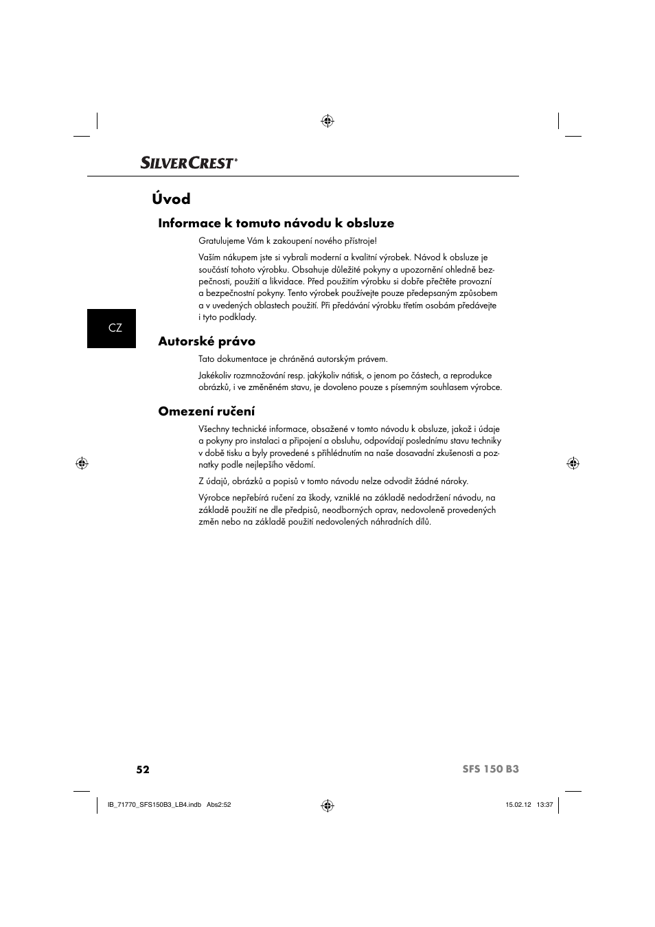 Úvod, Informace k tomuto návodu k obsluze, Autorské právo | Omezení ručení | Silvercrest SFS 150 B3 User Manual | Page 54 / 104