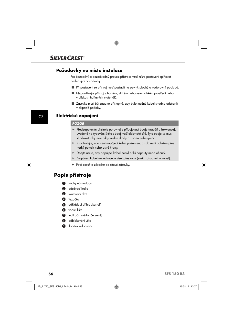 Popis přístroje, Požadavky na místo instalace, Elektrické zapojení | Silvercrest SFS 150 B3 User Manual | Page 58 / 104